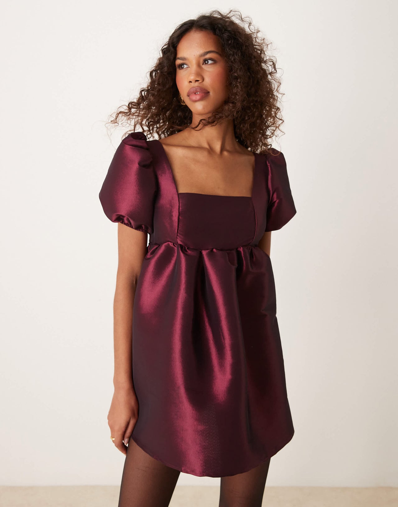 ASOS DESIGN puff sleeve tie back mini dress in burgundy taffeta
