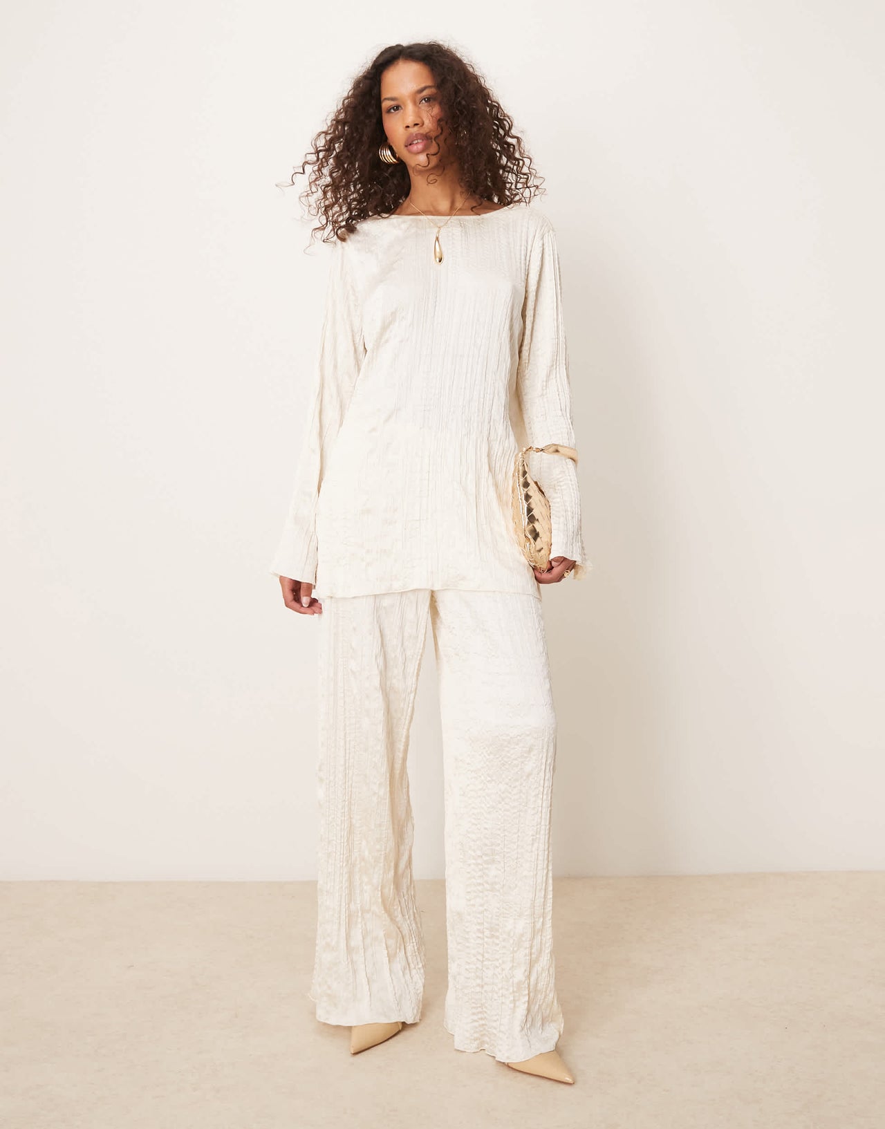 ASOS DESIGN crinkle satin wide leg trousers co-ord in off white