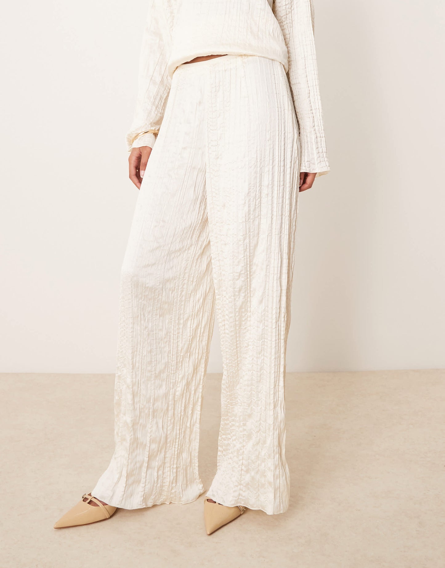 ASOS DESIGN crinkle satin wide leg trousers co-ord in off white