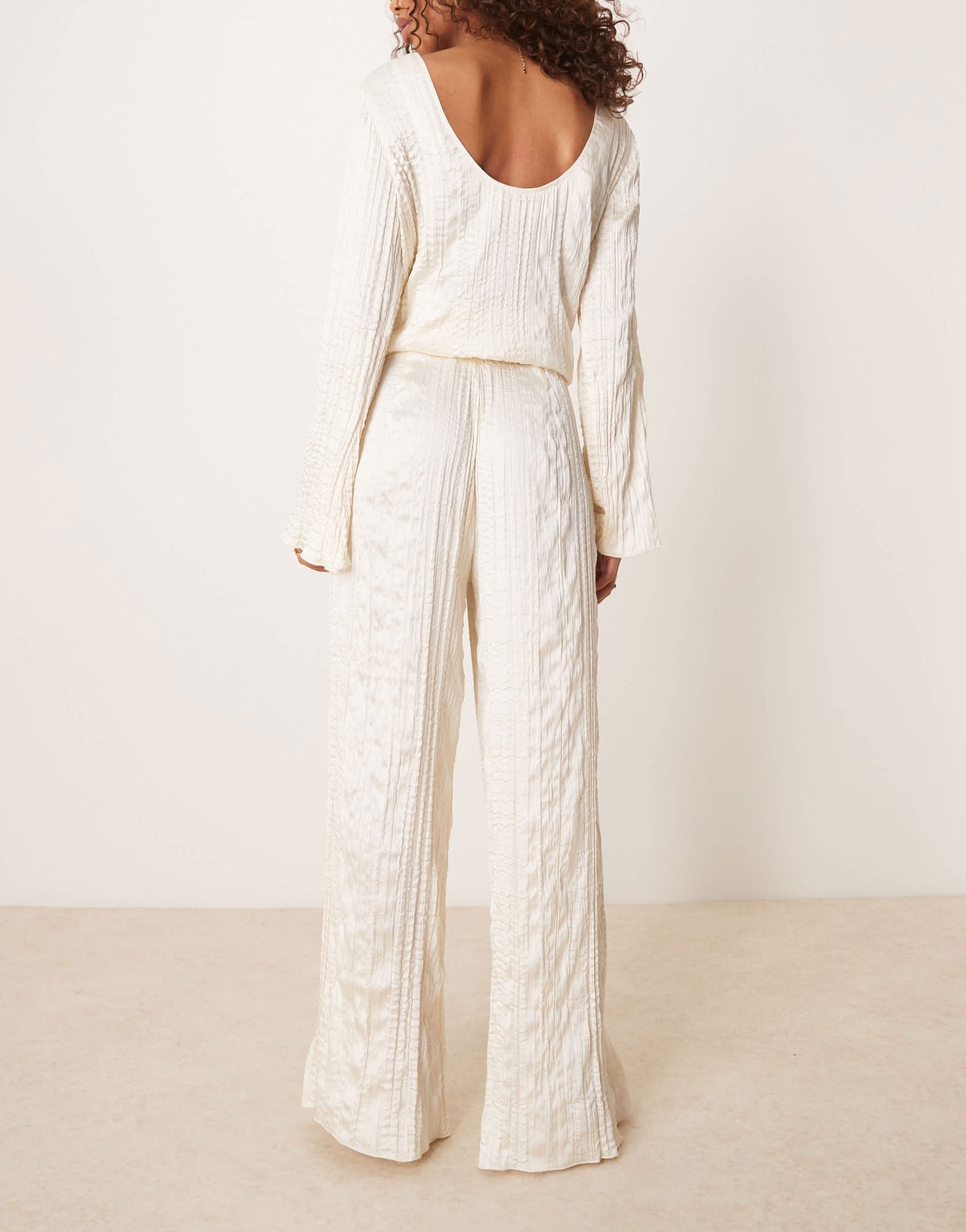 ASOS DESIGN crinkle satin wide leg trousers co-ord in off white