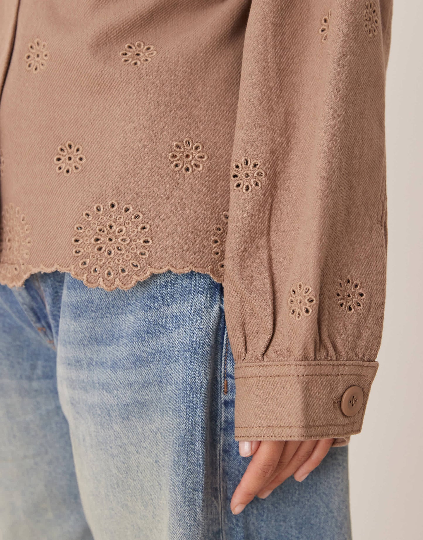 ASOS DESIGN Petite collarless twill broderie jacket in mushroom