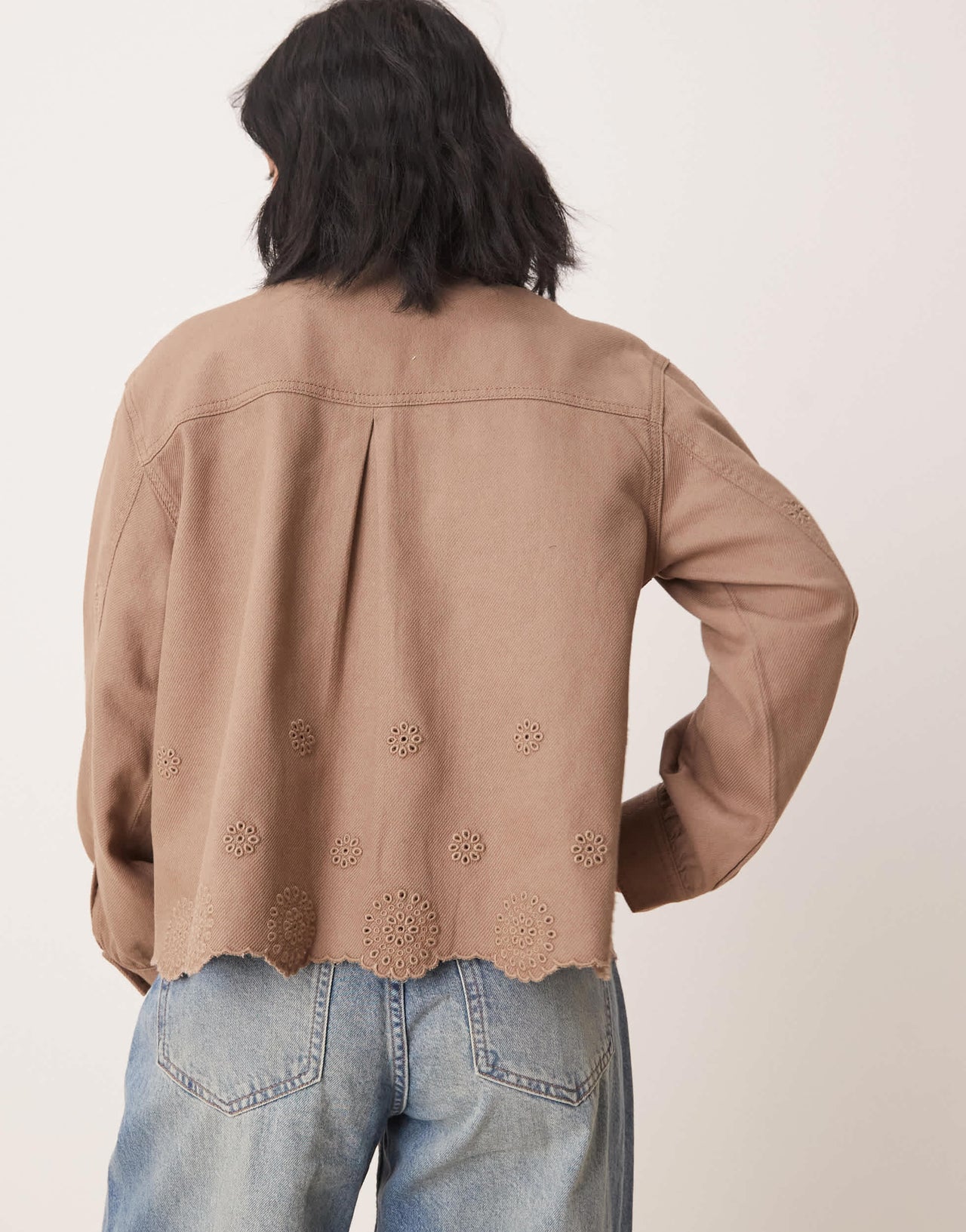 ASOS DESIGN Petite collarless twill broderie jacket in mushroom