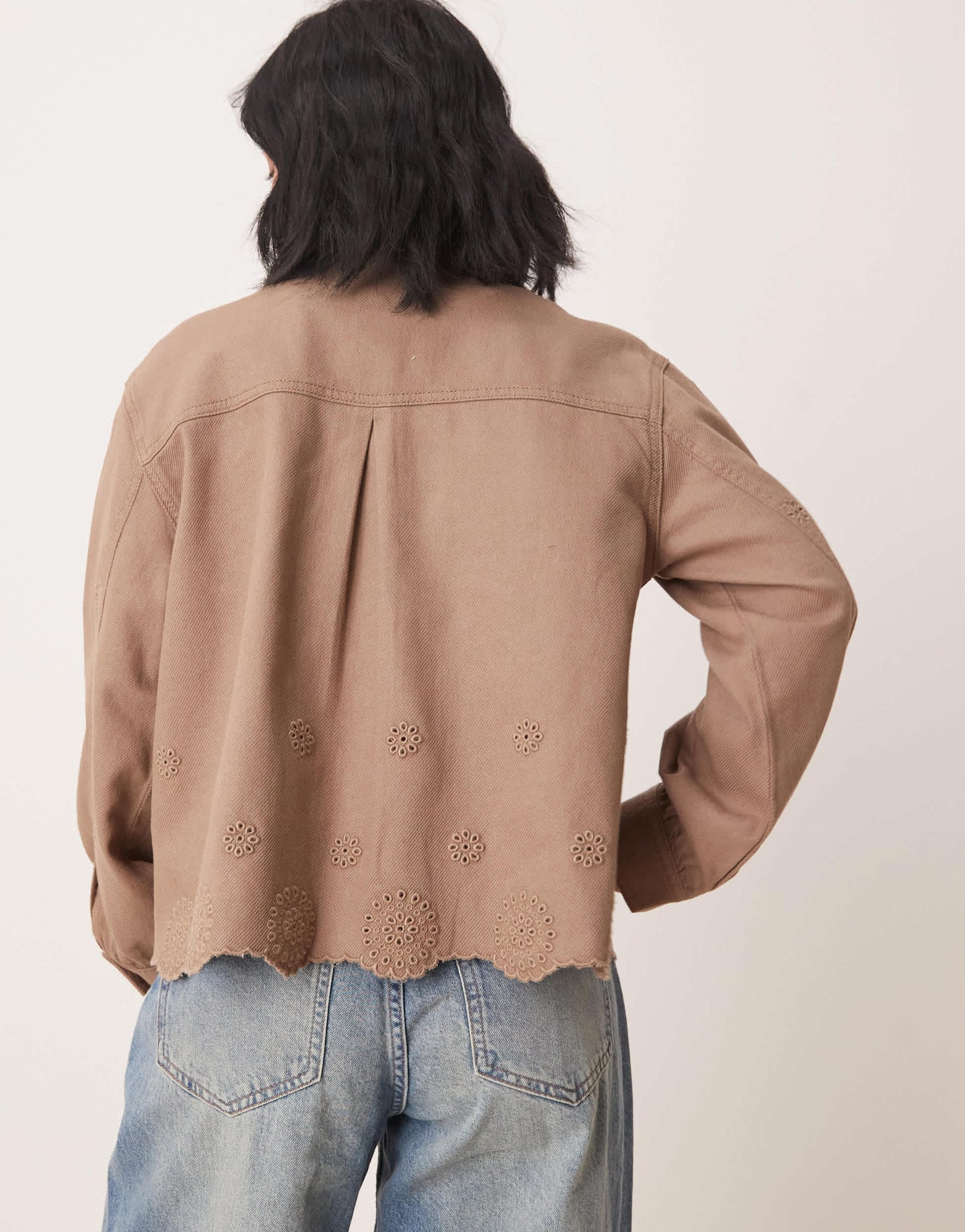 ASOS DESIGN Petite collarless twill broderie jacket in mushroom
