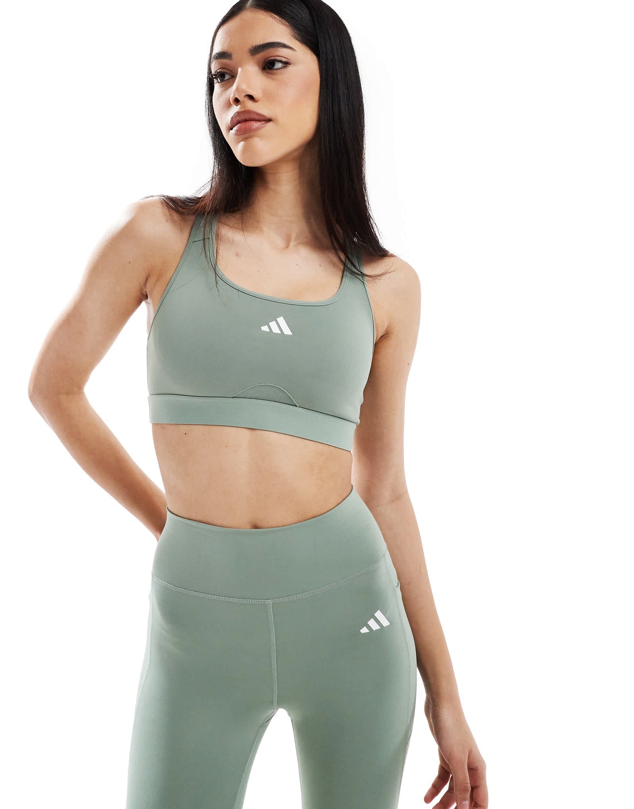 adidas Training Power React mid support sports bra in silver green