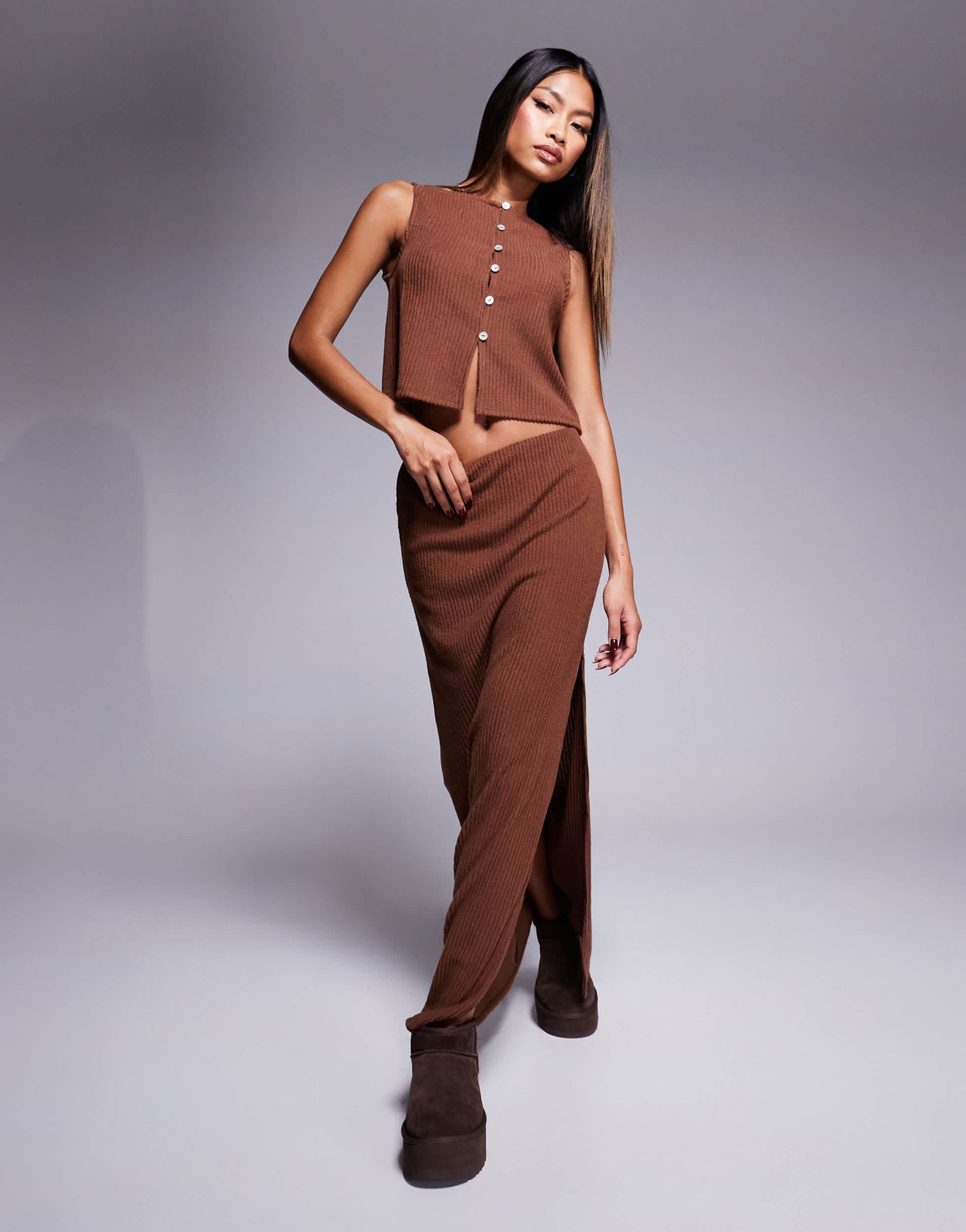 ASOS DESIGN co-ord column side split brushed rib maxi skirt in brown