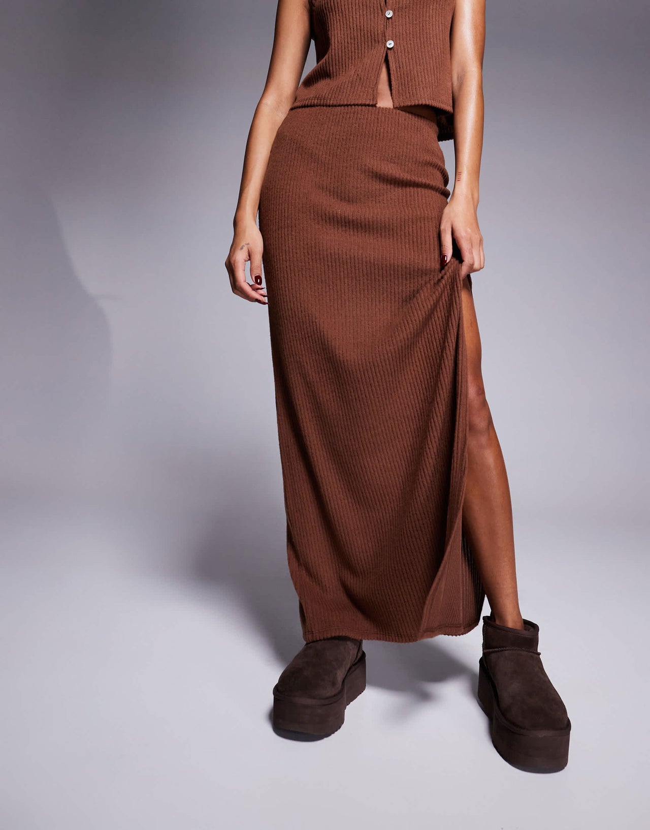 ASOS DESIGN co-ord column side split brushed rib maxi skirt in brown