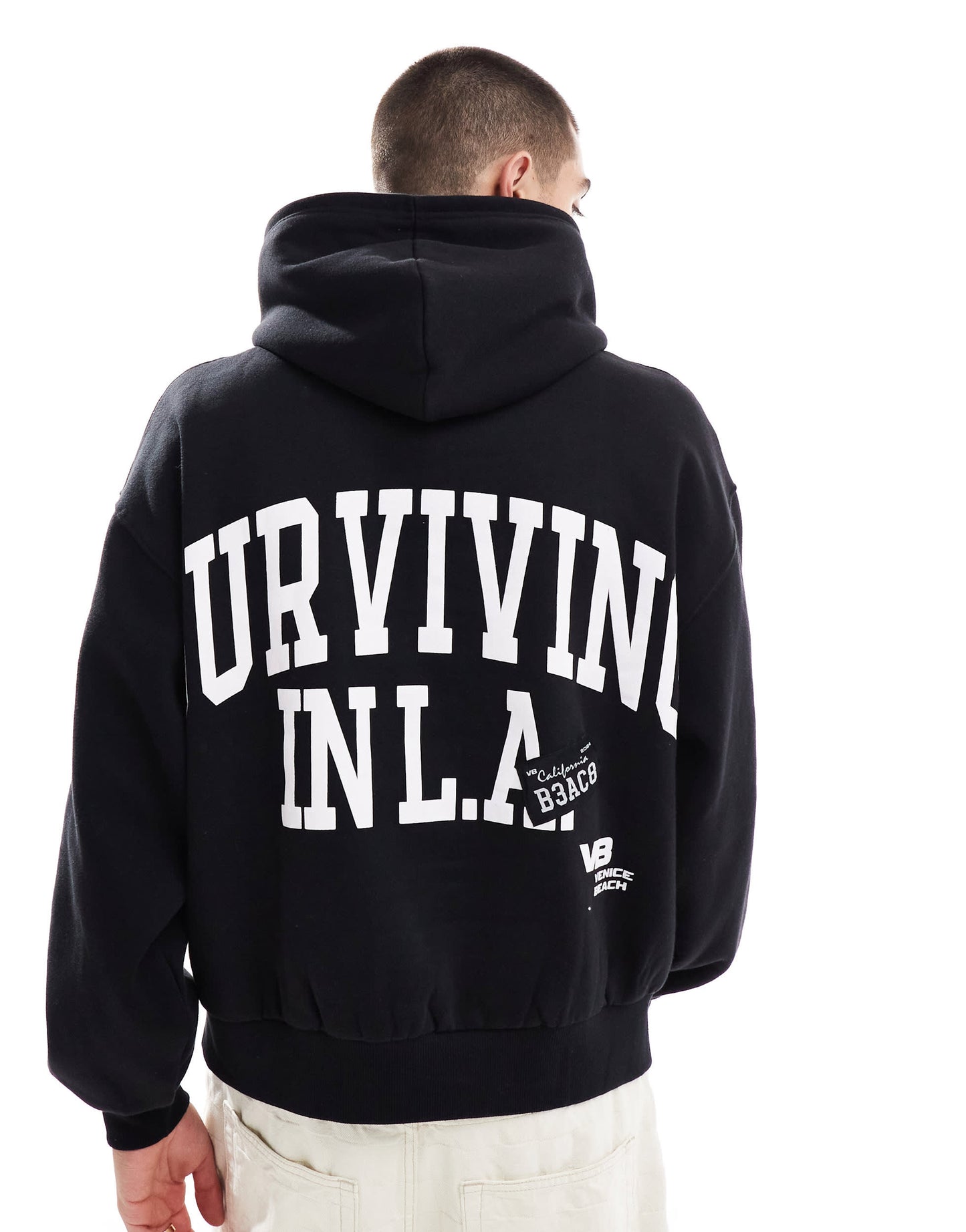 Bershka LA back printed hoodie in black
