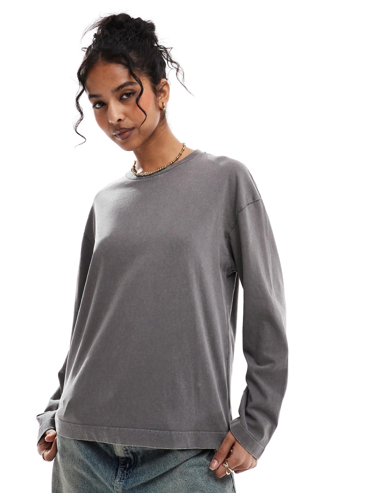 Pull&Bear long sleeve oversized t-shirt in washed dark grey