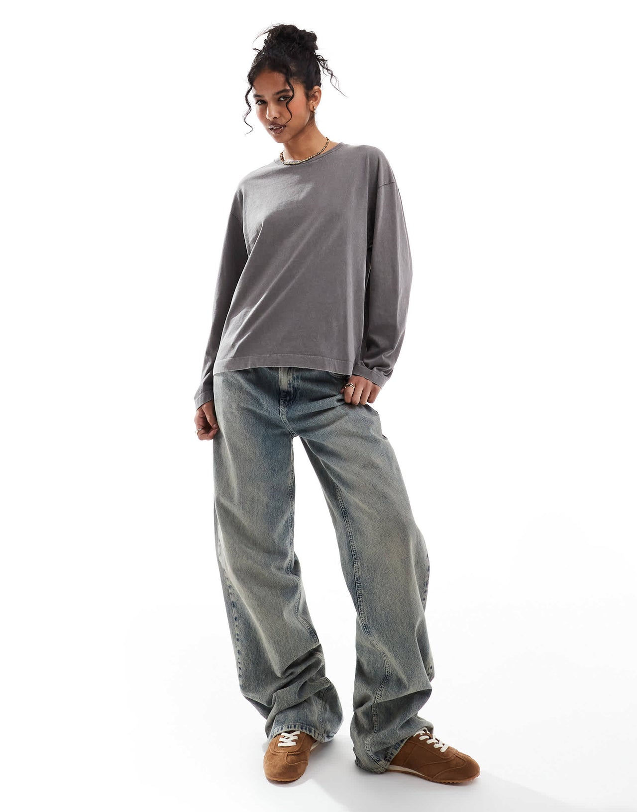 Pull&Bear long sleeve oversized t-shirt in washed dark grey