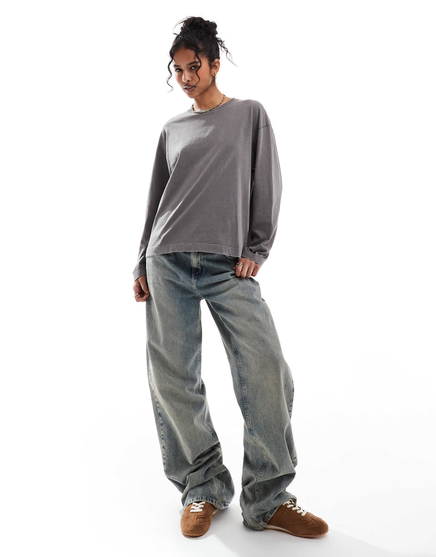 Pull&Bear long sleeve oversized t-shirt in washed dark grey