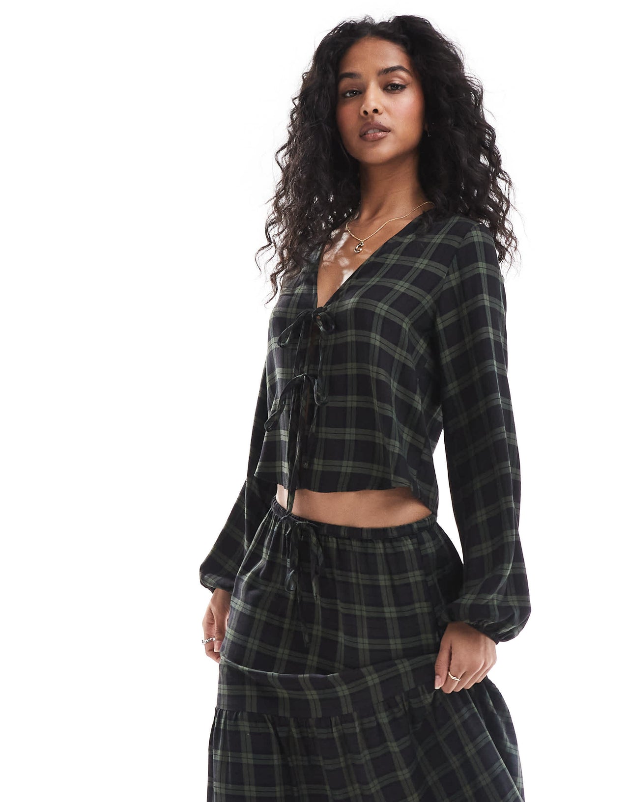Pull&Bear tie detail blouse in green check