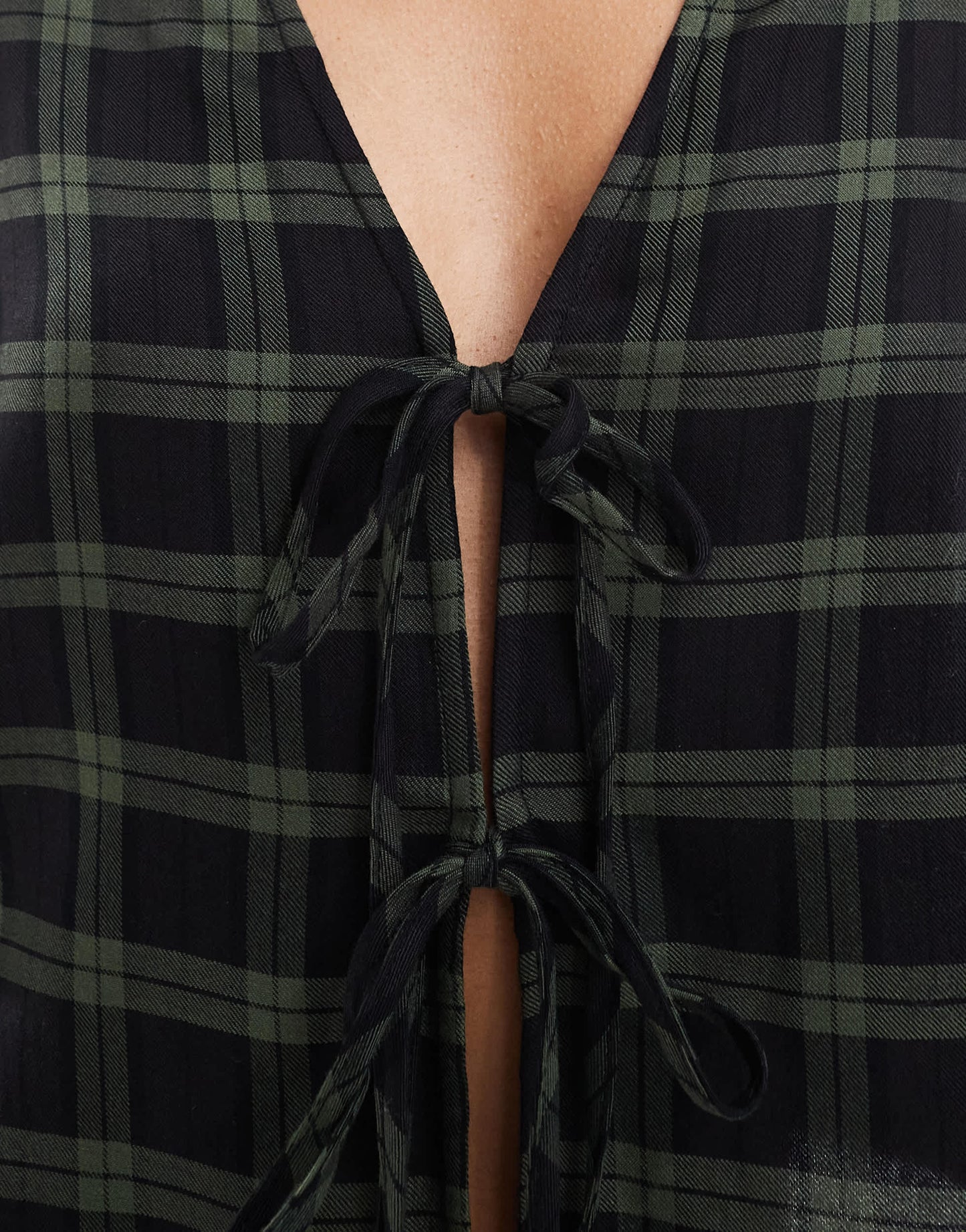 Pull&Bear tie detail blouse in green check