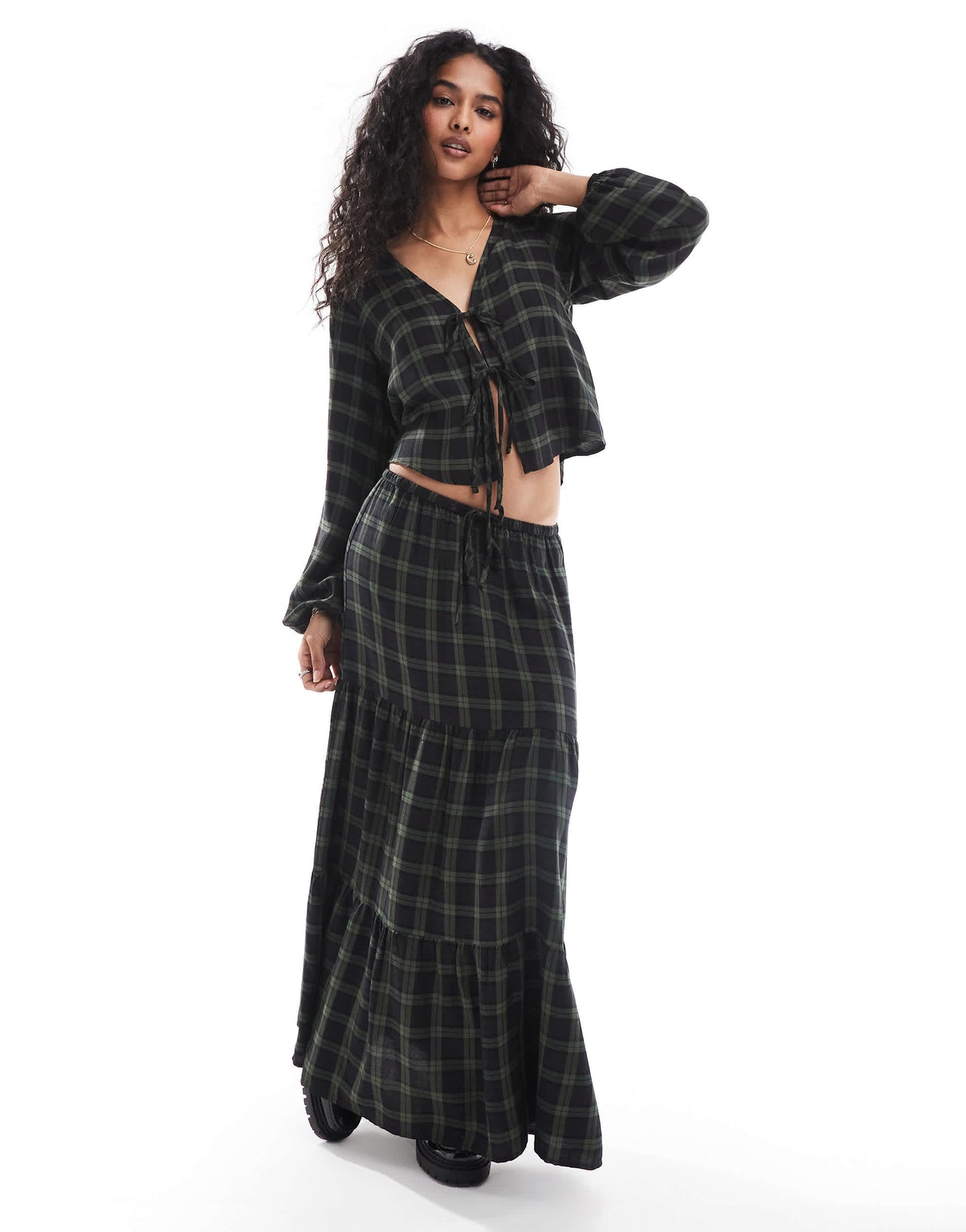 Pull&Bear tie detail blouse in green check