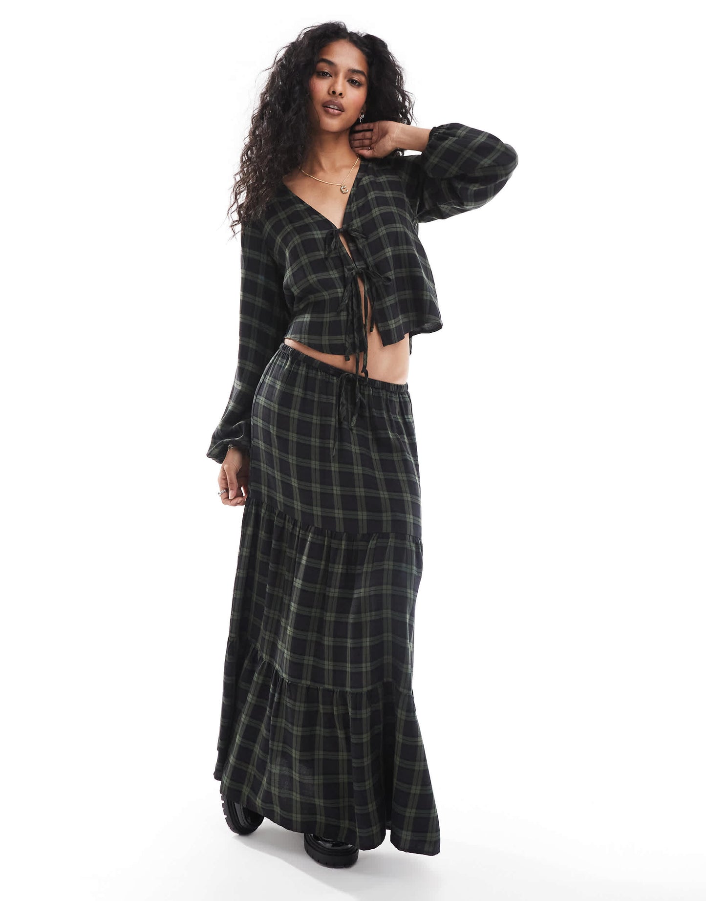 Pull&Bear tie detail blouse in green check