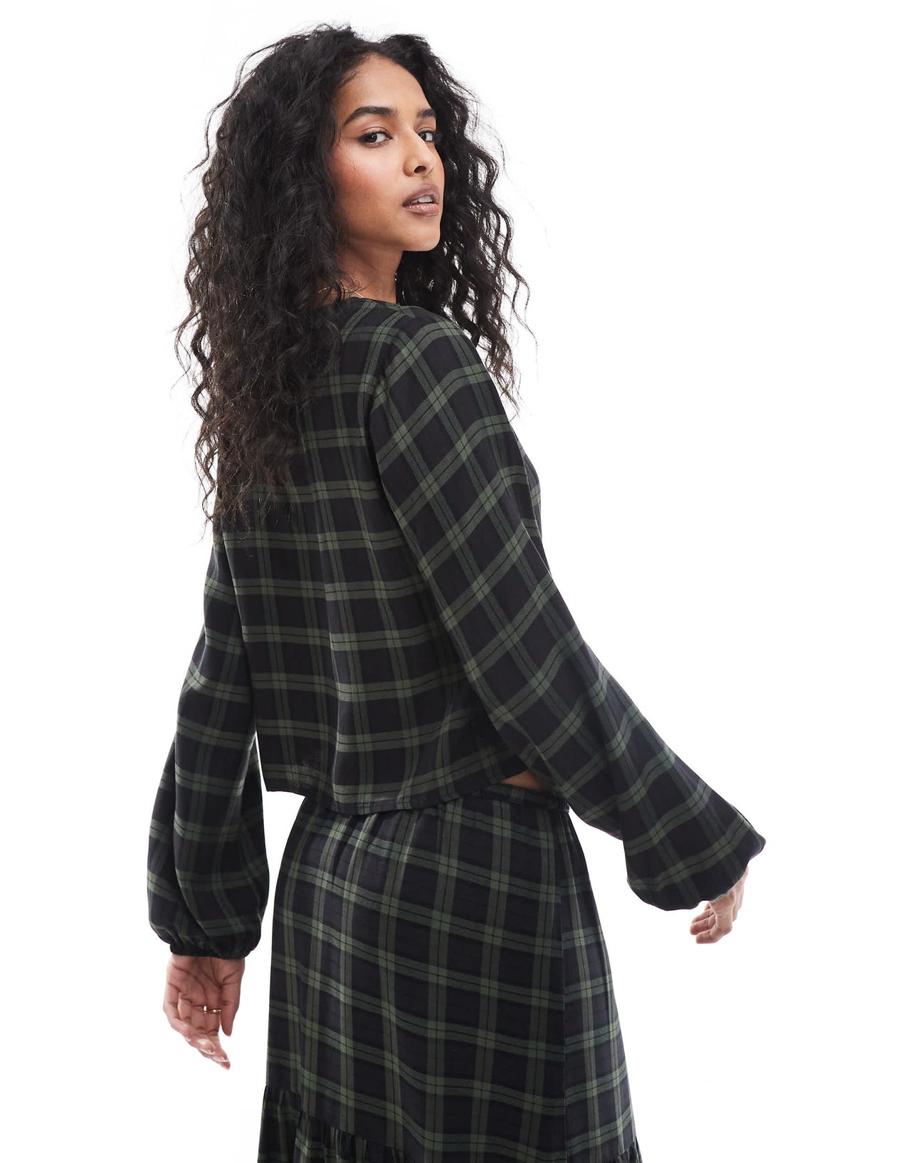 Pull&Bear tie detail blouse in green check
