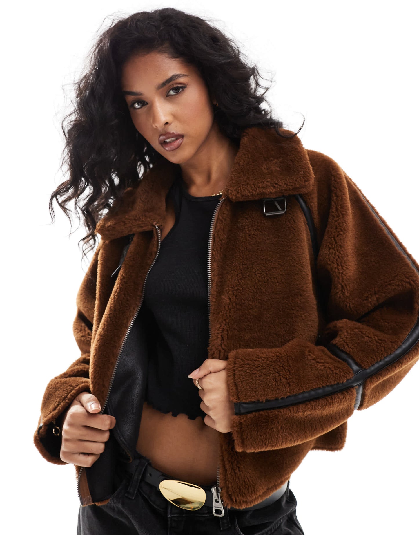 Pull&Bear shearling jacket with faux leather seam detail in brown