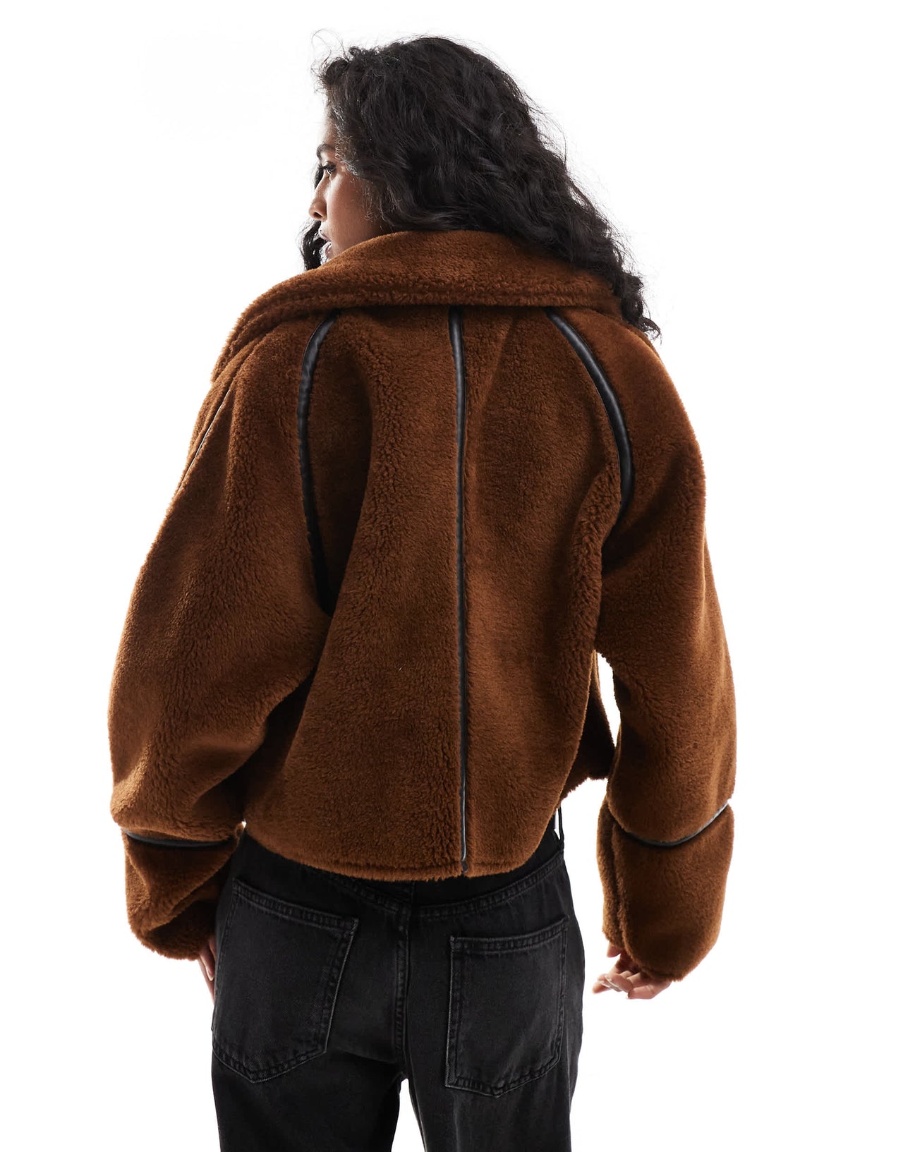 Pull&Bear shearling jacket with faux leather seam detail in brown