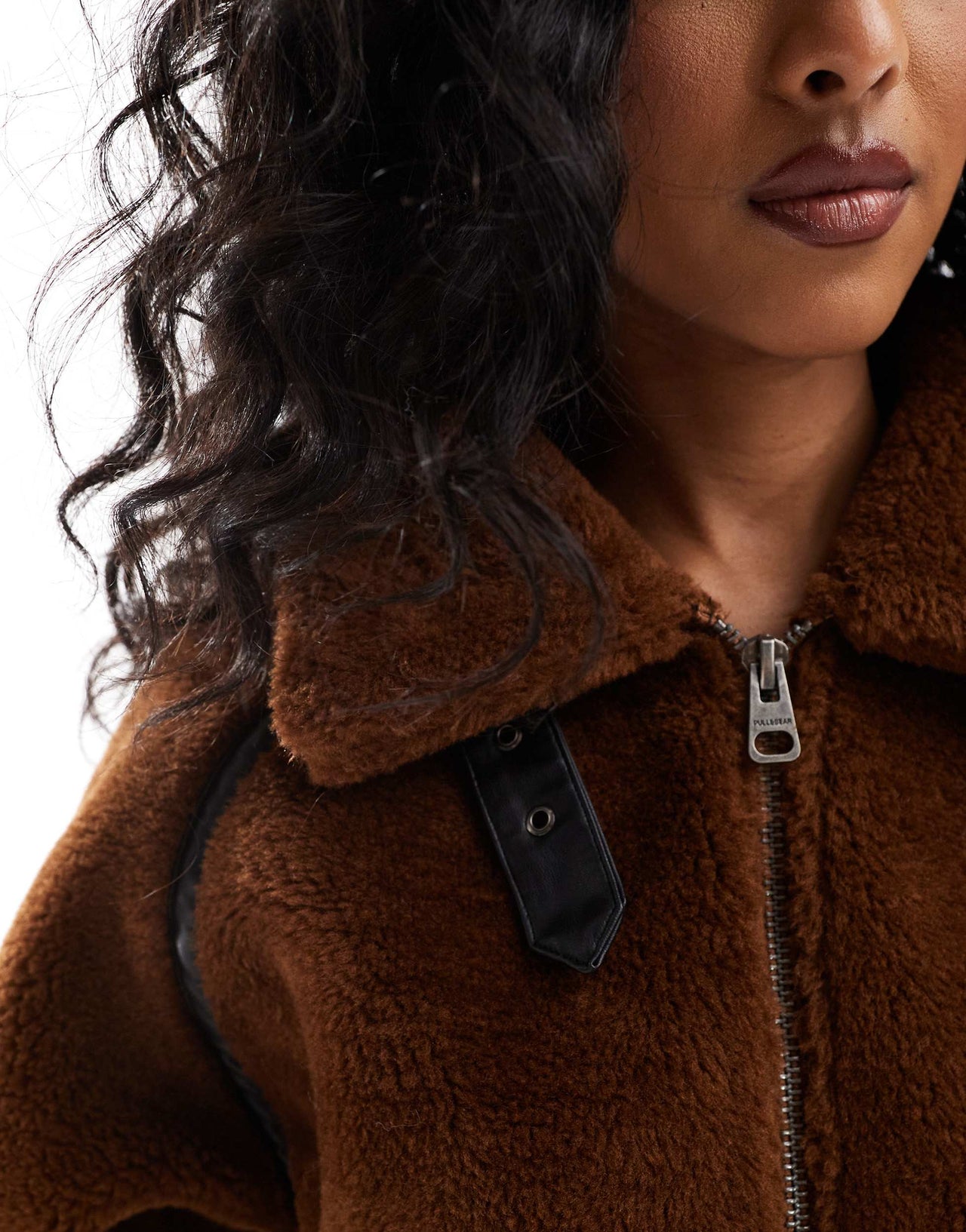 Pull&Bear shearling jacket with faux leather seam detail in brown