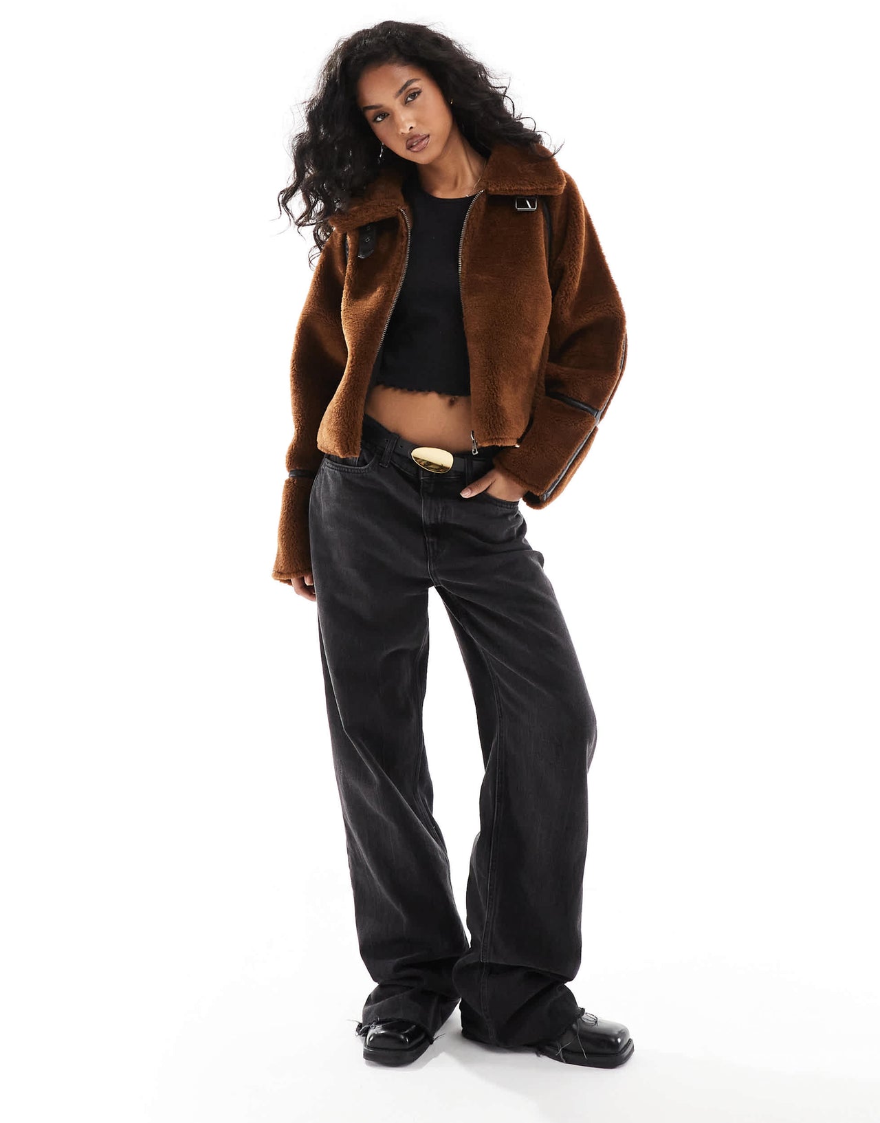 Pull&Bear shearling jacket with faux leather seam detail in brown