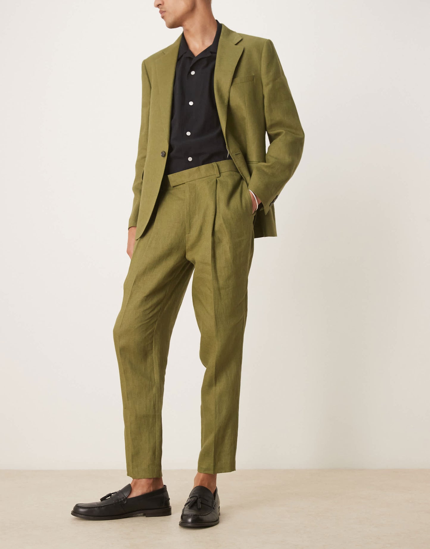 ASOS DESIGN premium 100% linen tapered suit trousers in green