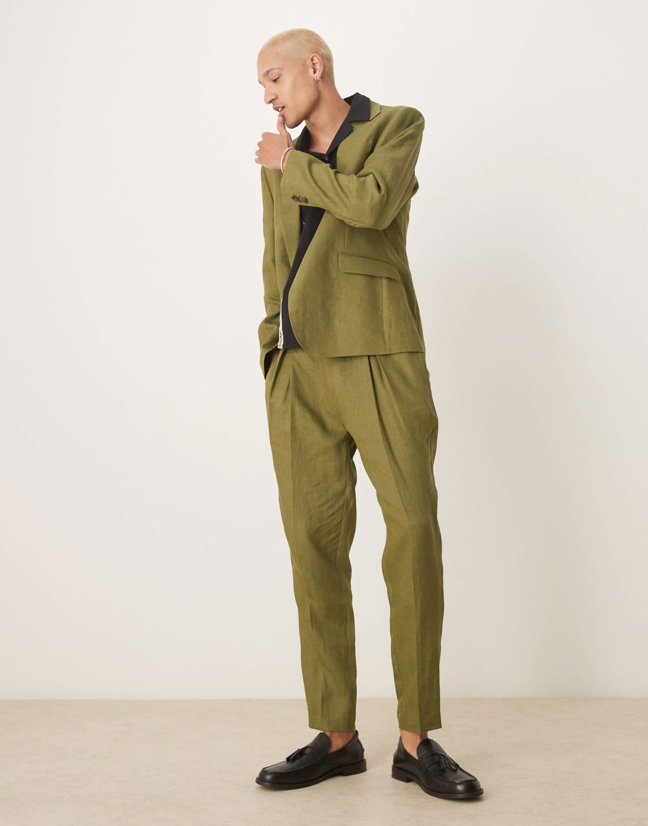 ASOS DESIGN premium 100% linen tapered suit trousers in green