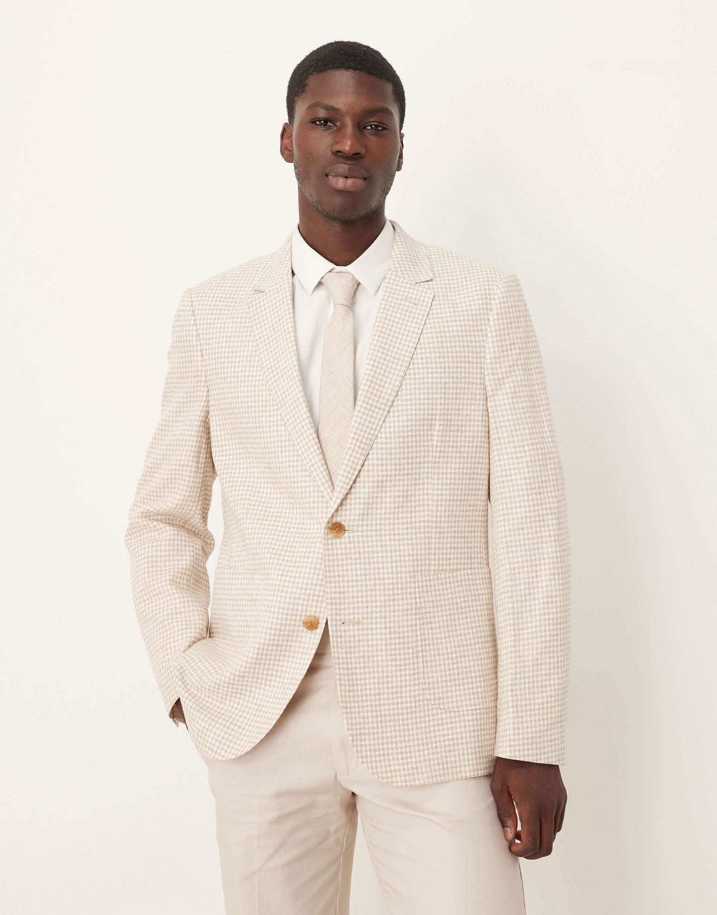ASOS DESIGN linen blend slim blazer in stone gingham check