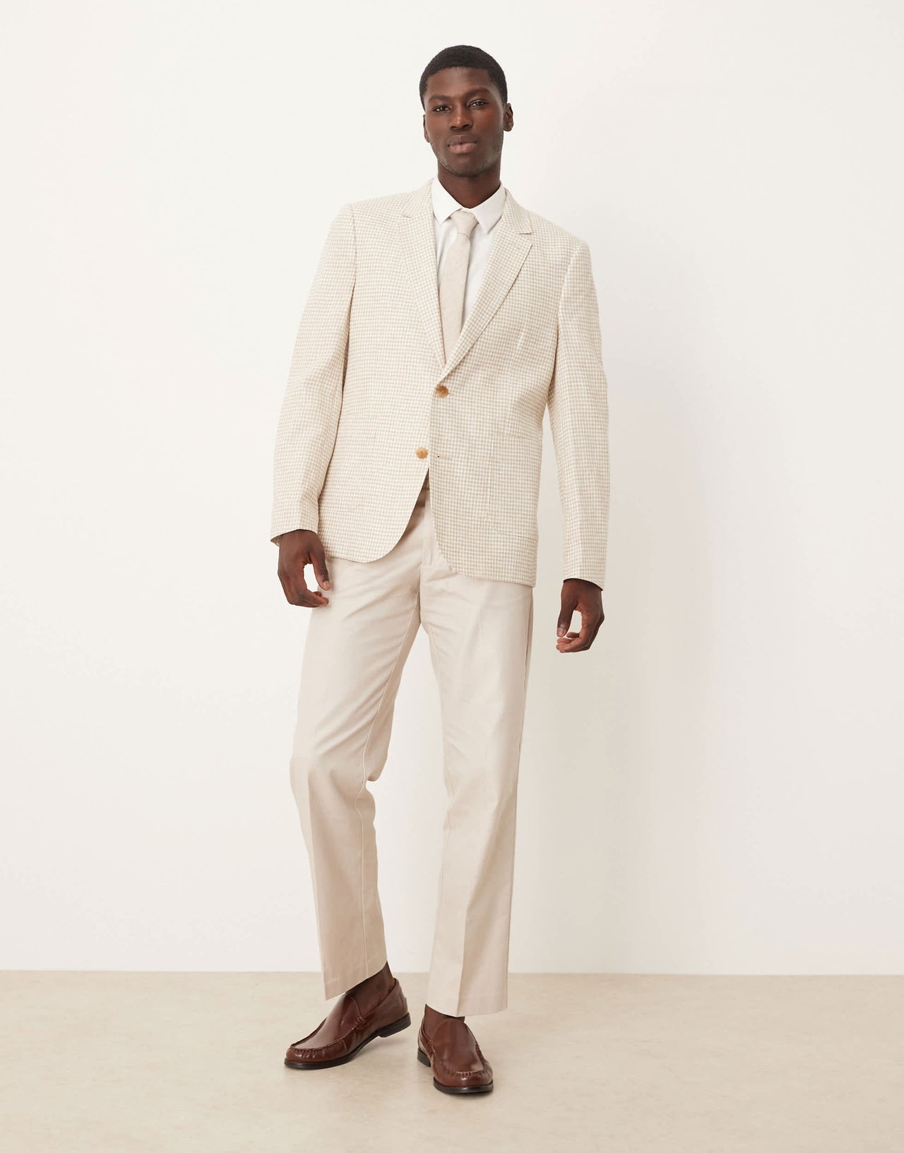 ASOS DESIGN linen blend slim blazer in stone gingham check