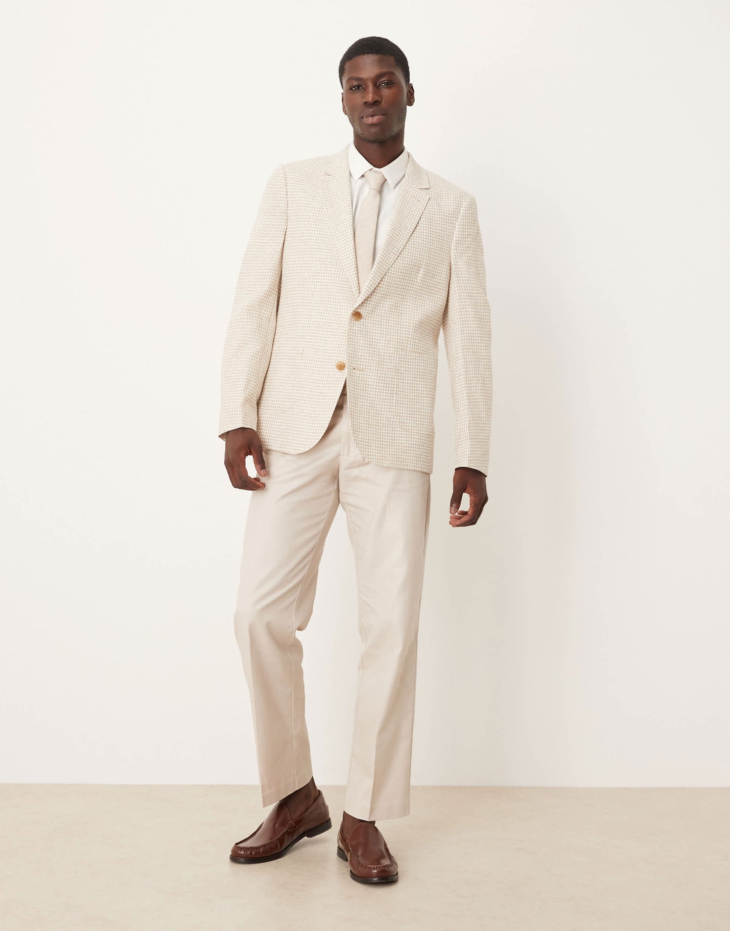 ASOS DESIGN linen blend slim blazer in stone gingham check