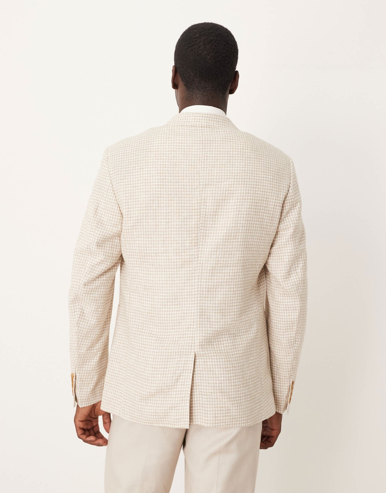 ASOS DESIGN linen blend slim blazer in stone gingham check