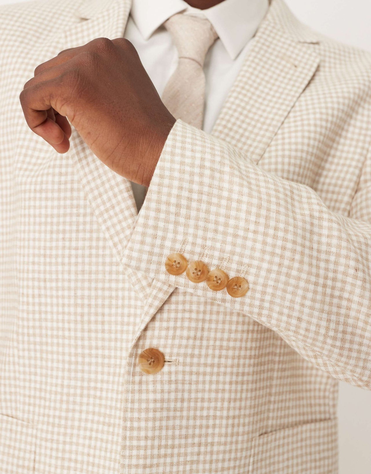 ASOS DESIGN linen blend slim blazer in stone gingham check