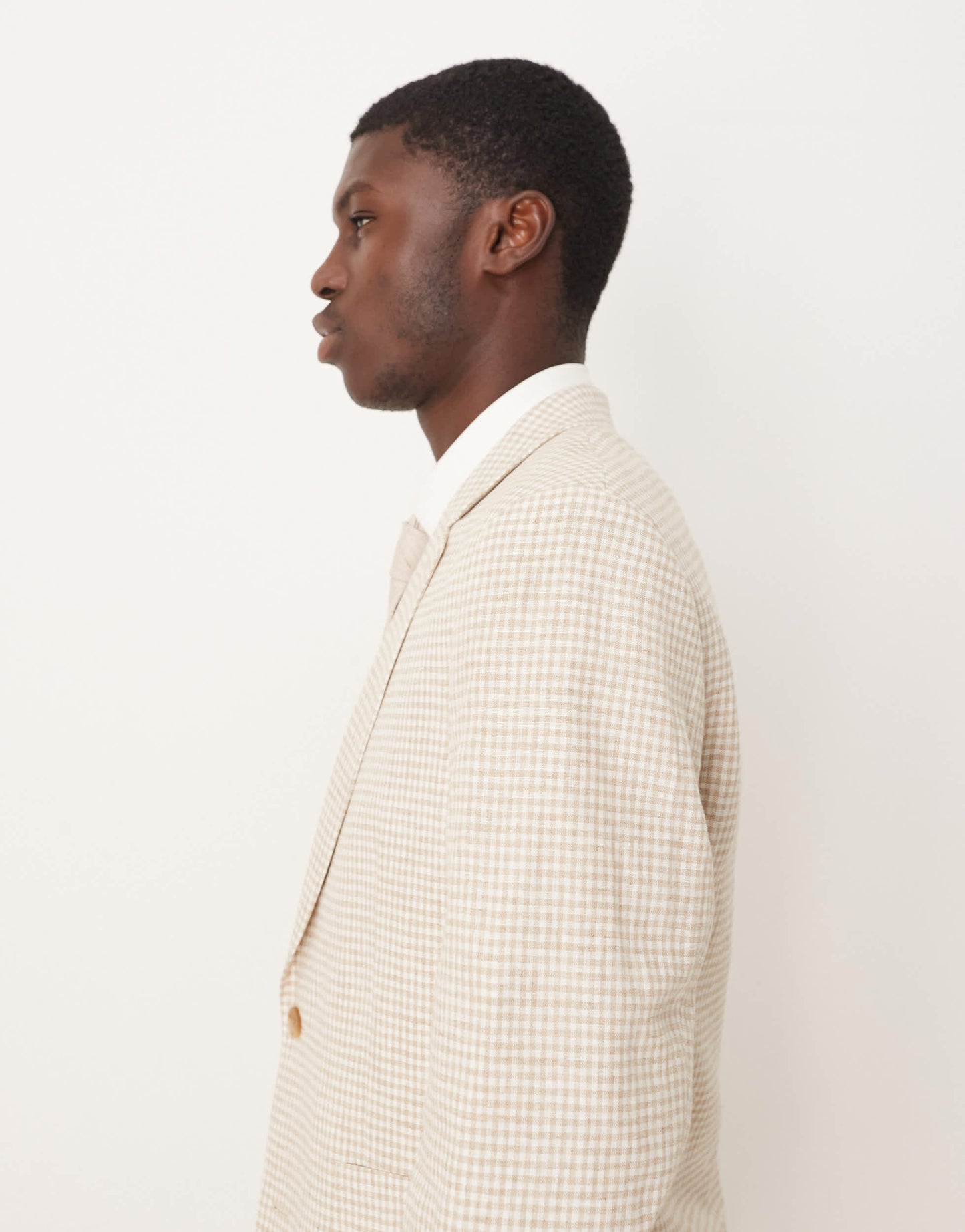 ASOS DESIGN linen blend slim blazer in stone gingham check