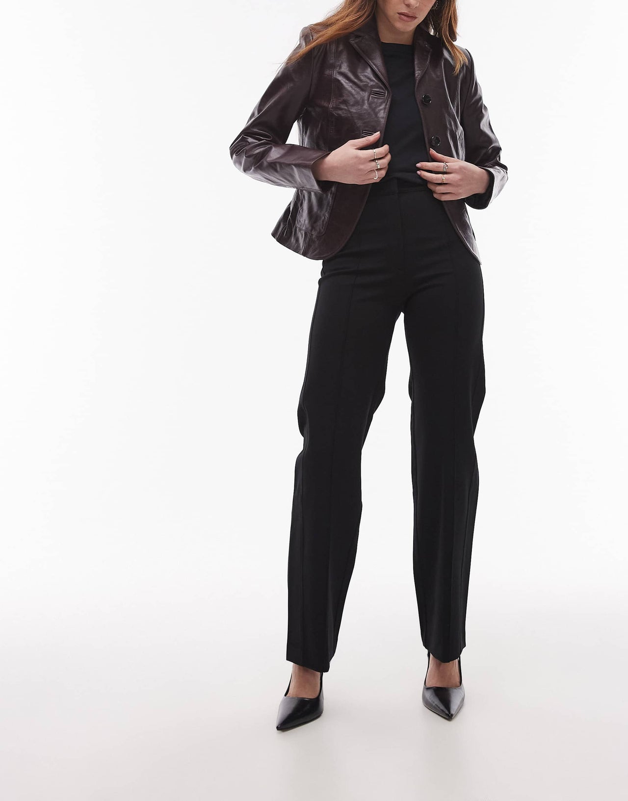 & Other Stories structured jersey tailored straight leg trousers with pintuck detail in black