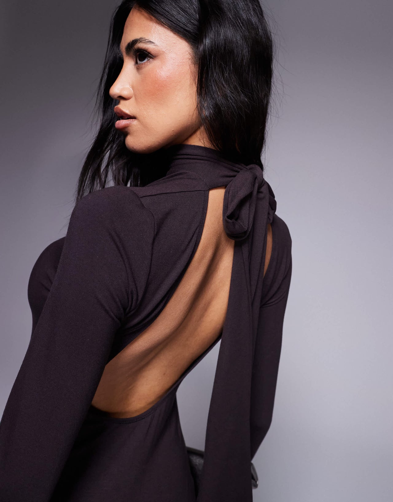 ASOS DESIGN supersoft long sleeve scarf detail midaxi dress in chocolate