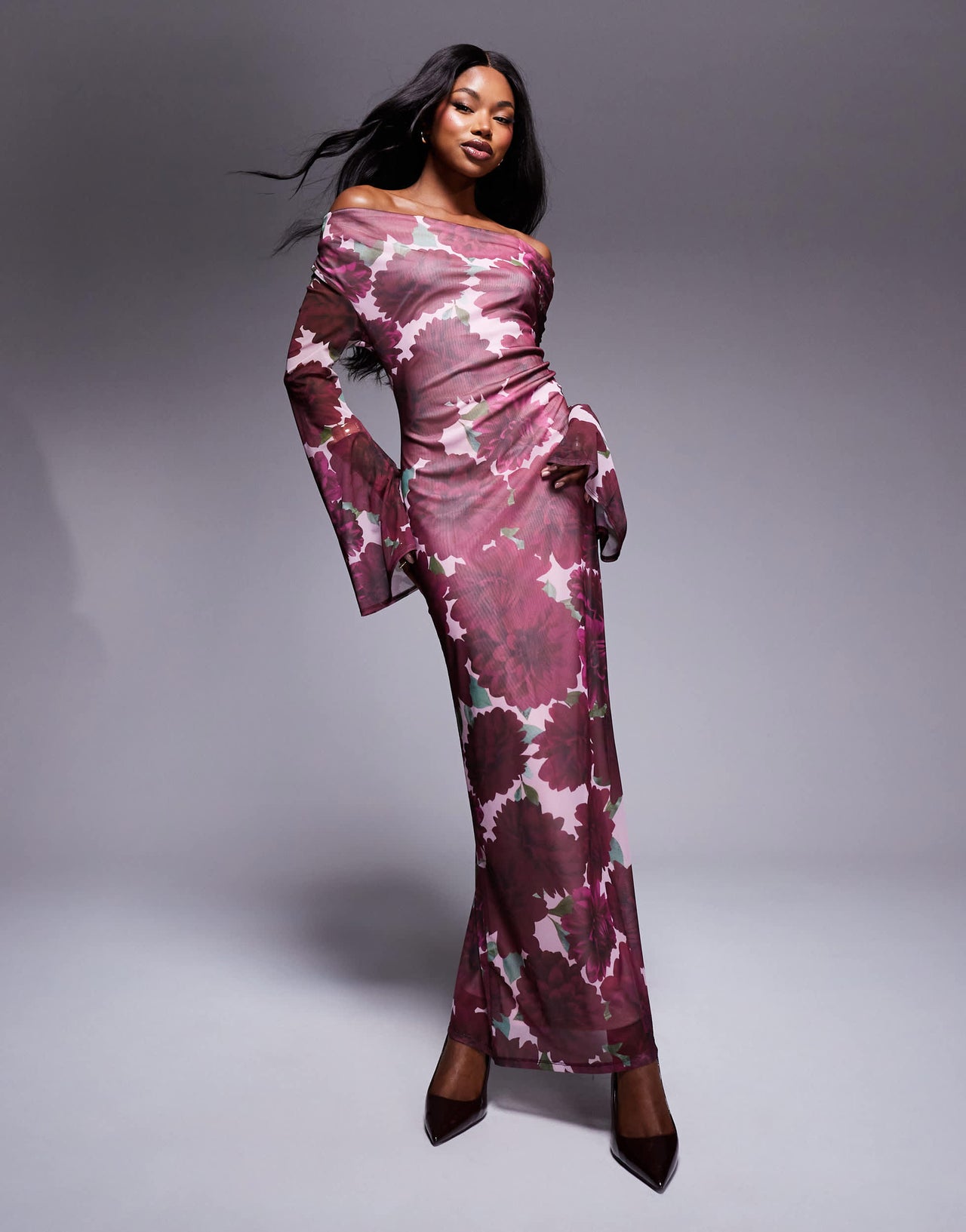 ASOS DESIGN cowl front mesh maxi dress with flare sleeve in print