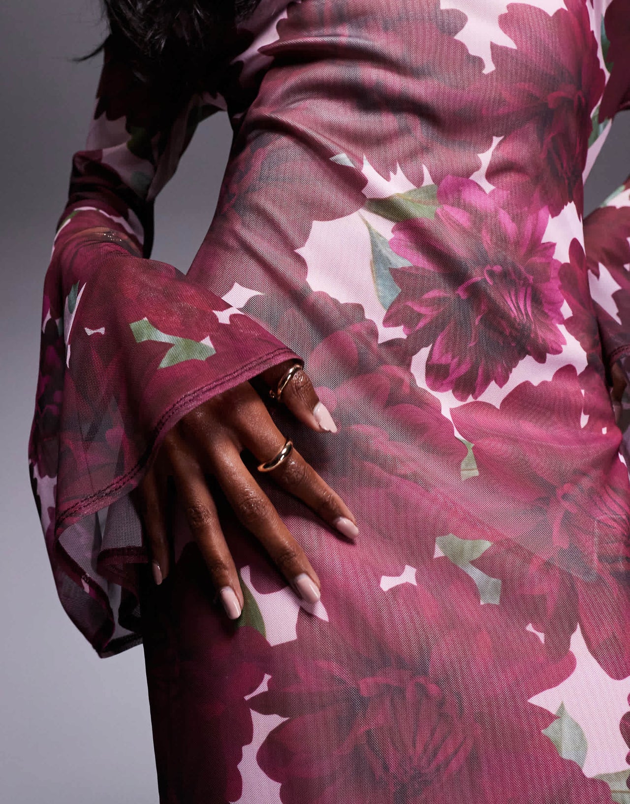 ASOS DESIGN cowl front mesh maxi dress with flare sleeve in print