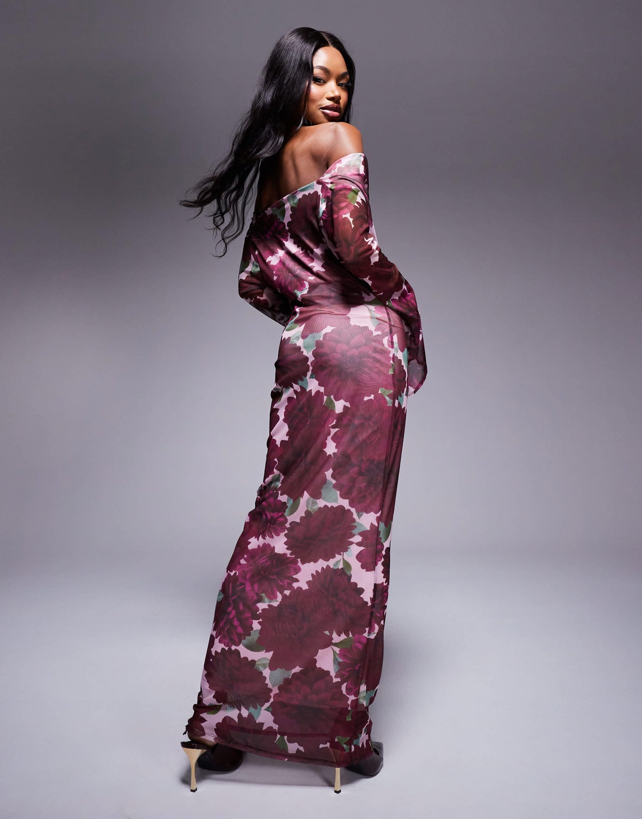 ASOS DESIGN cowl front mesh maxi dress with flare sleeve in print