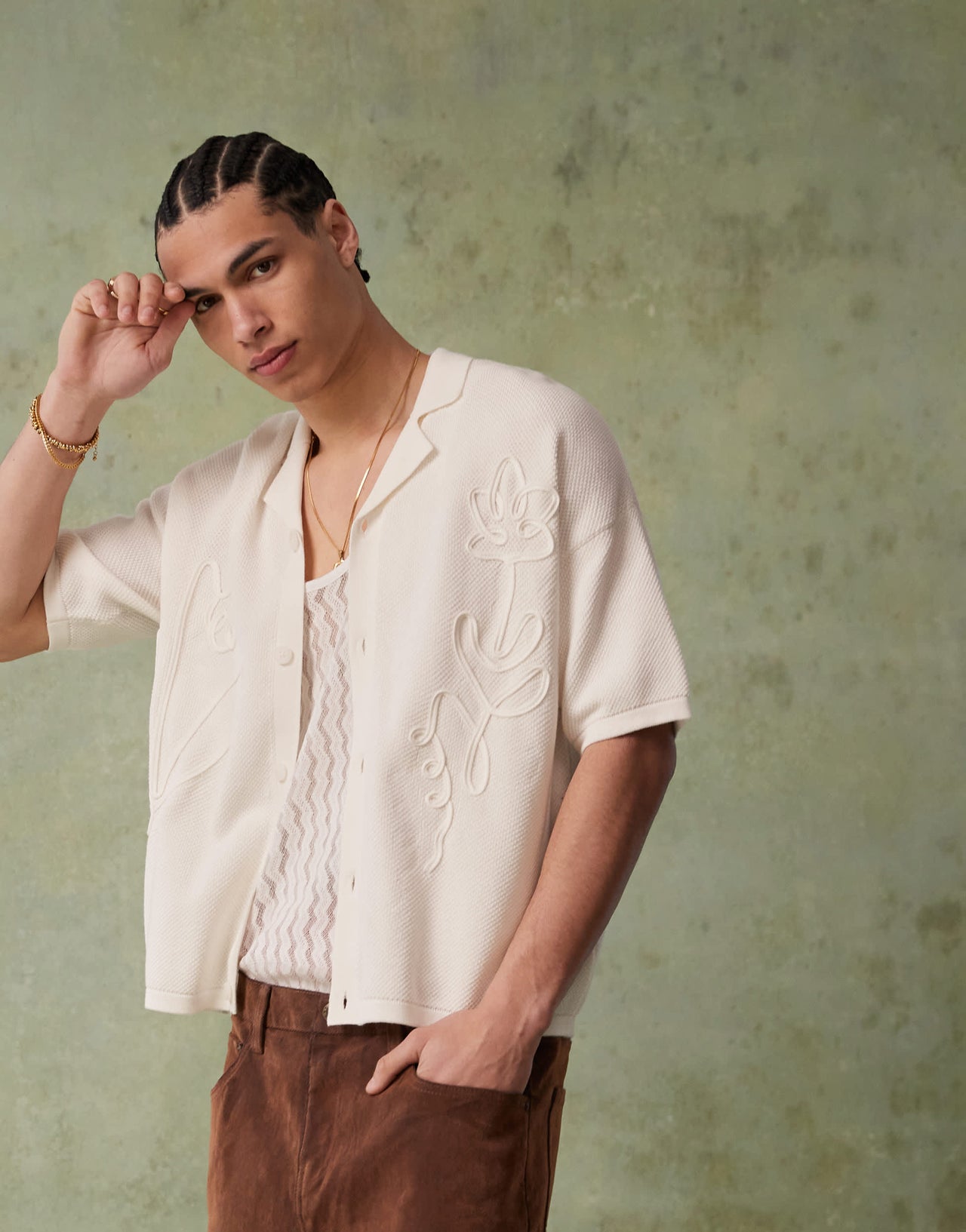 ASOS DESIGN relaxed knitted button through polo with floral embroidery in ecru