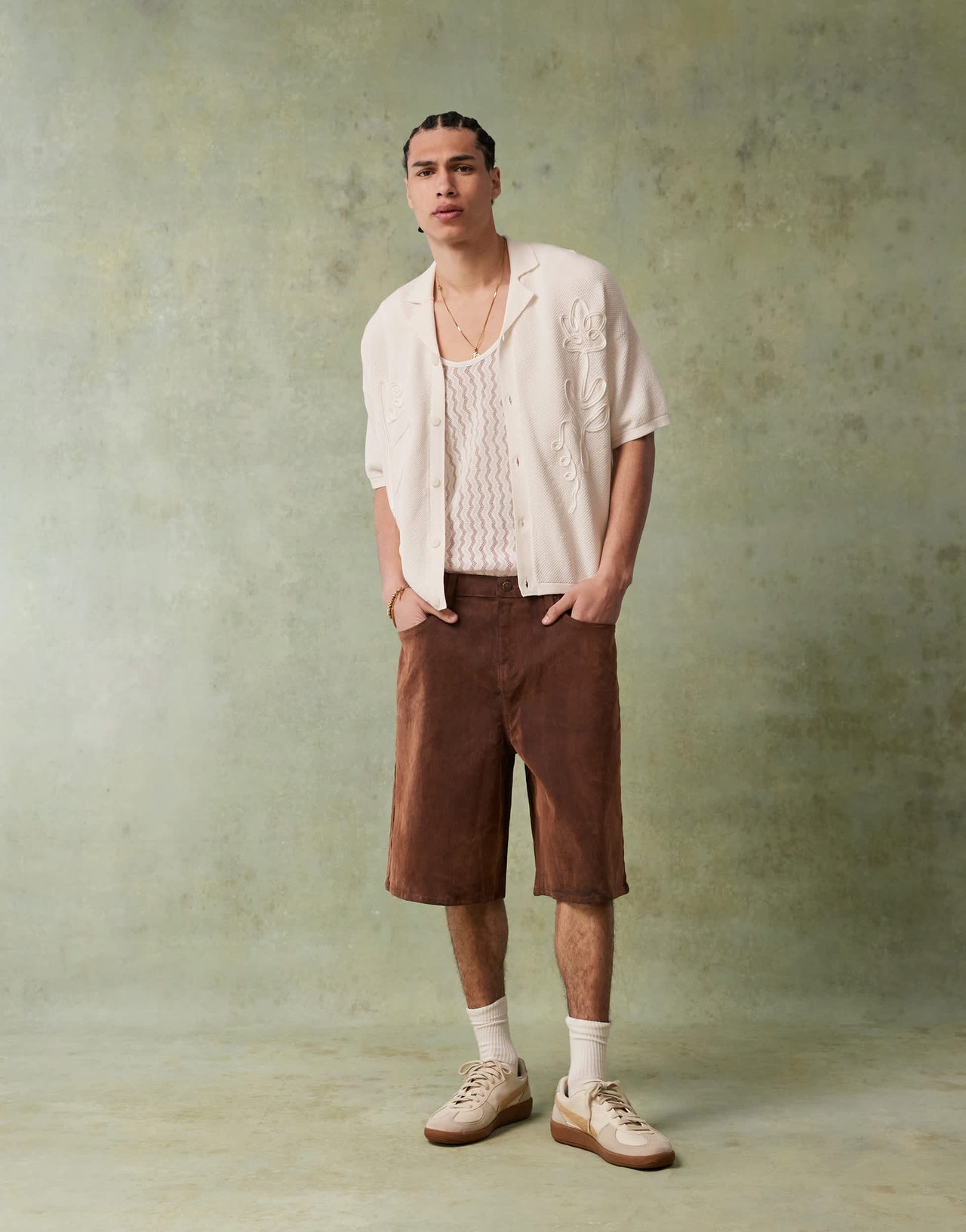 ASOS DESIGN relaxed knitted button through polo with floral embroidery in ecru