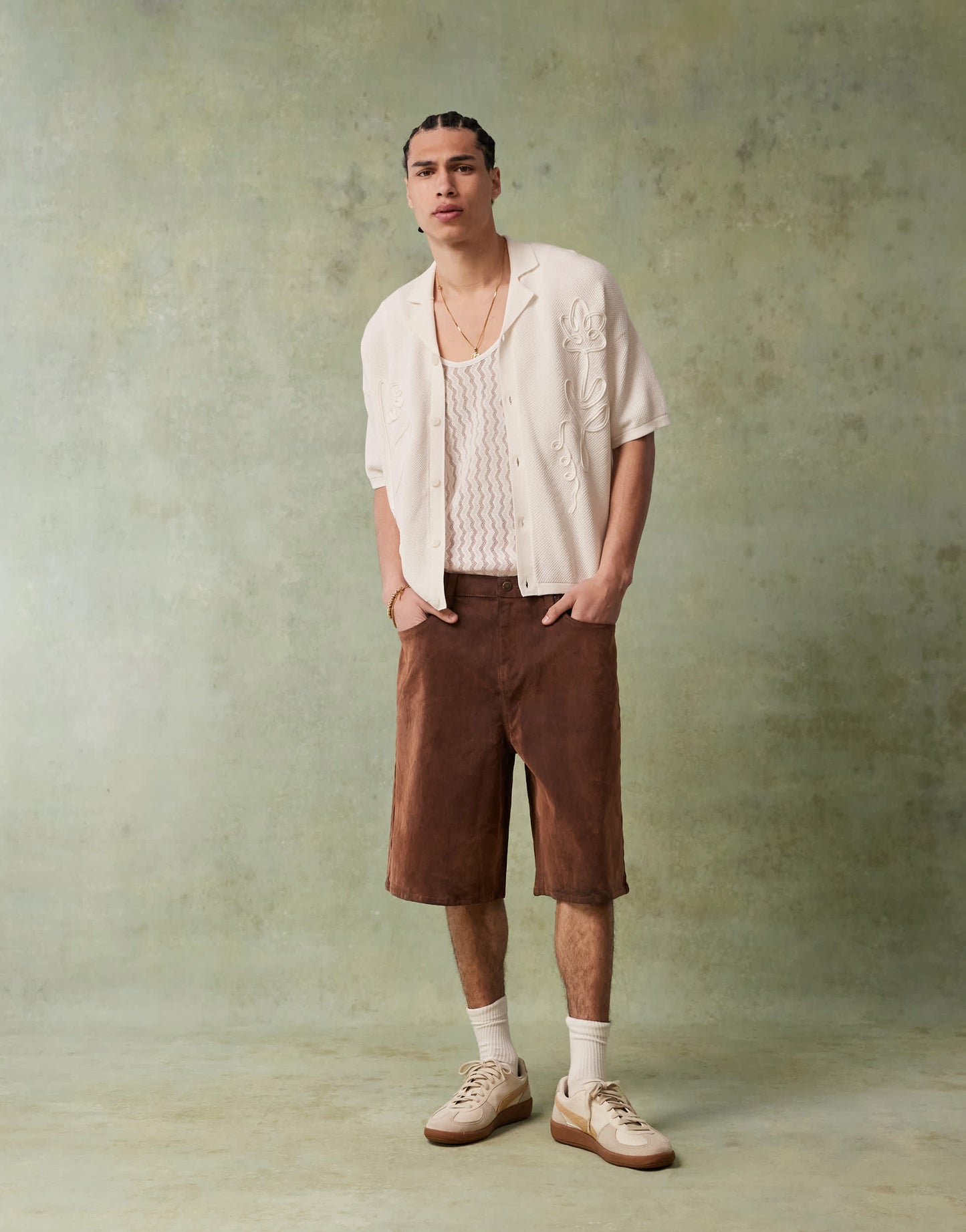 ASOS DESIGN relaxed knitted button through polo with floral embroidery in ecru