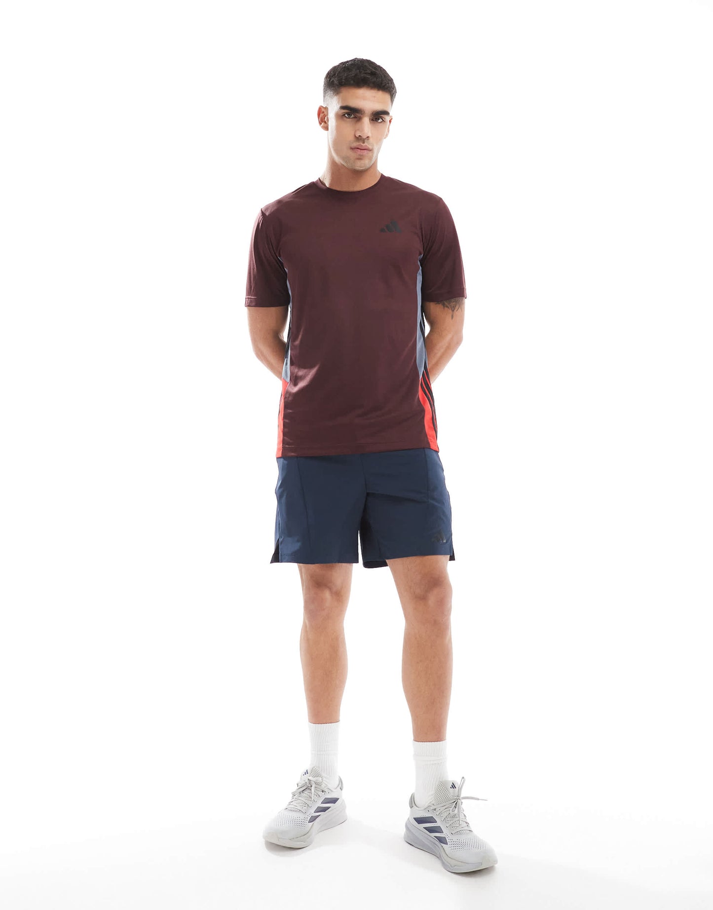 adidas Training Essentials t-shirt with 3 stripe in burgundy