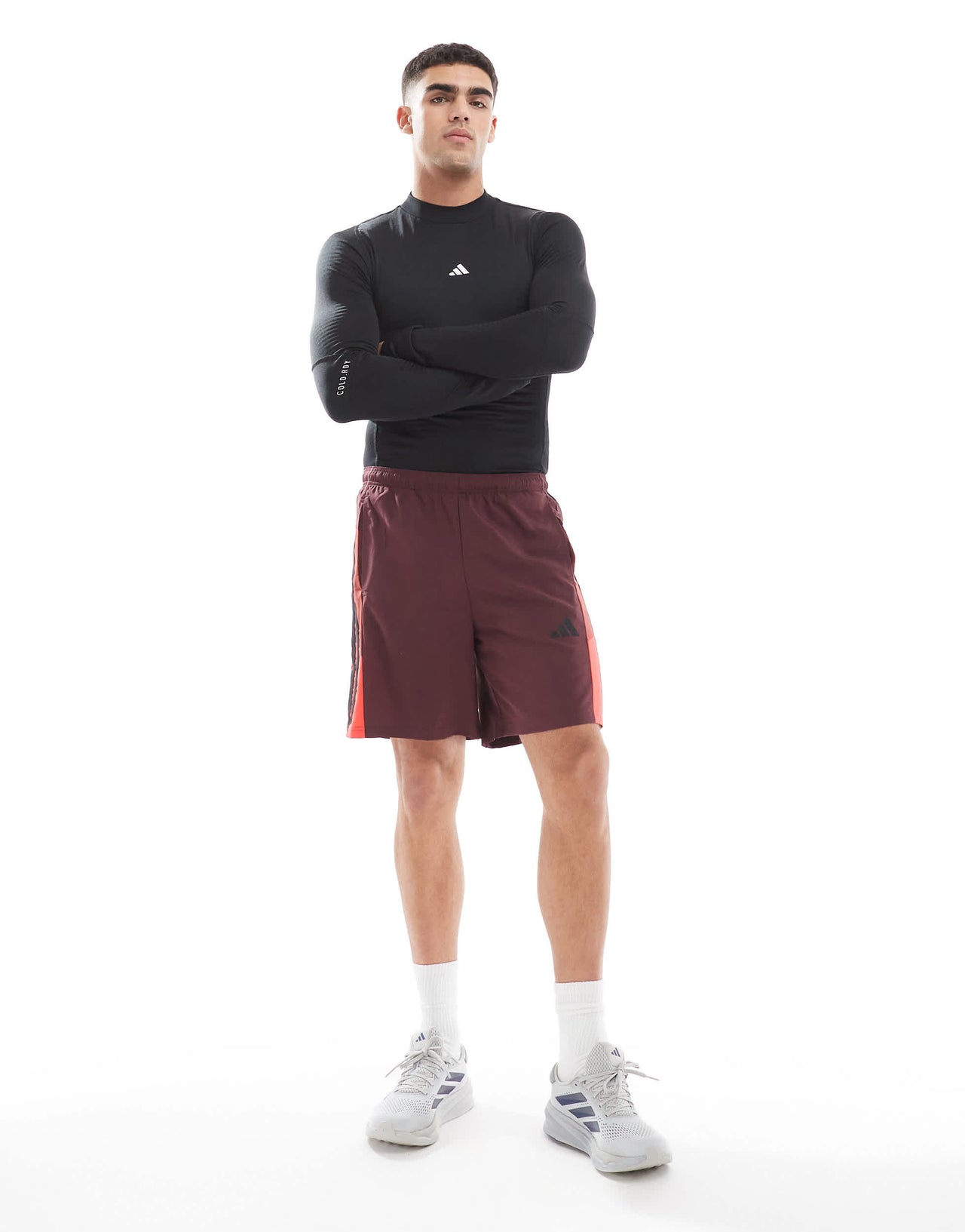 adidas Training Essentials shorts with 3 stripe in burgundy