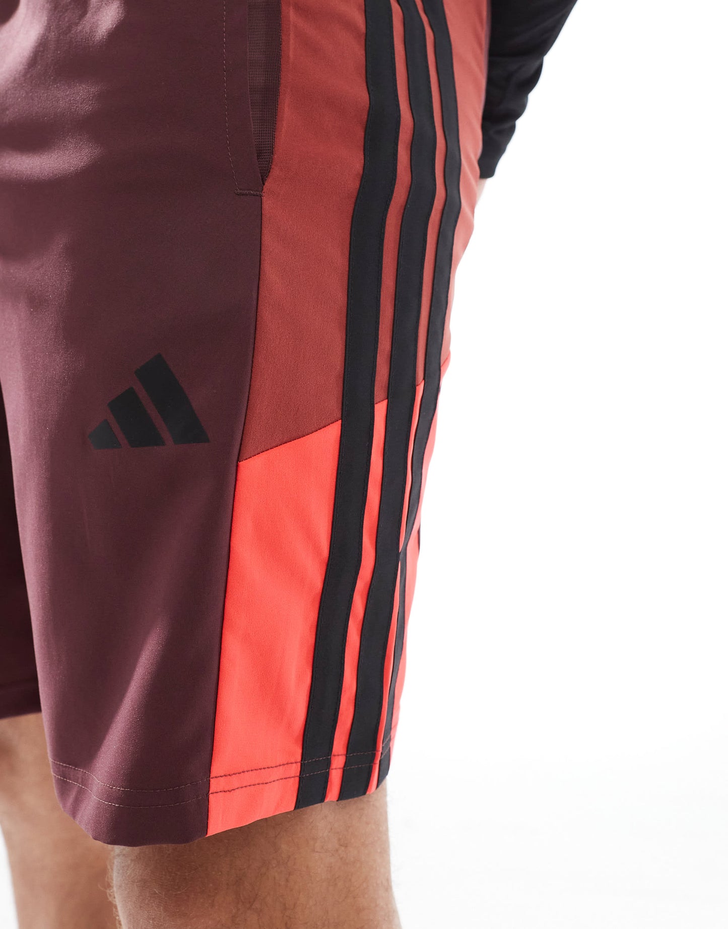 adidas Training Essentials shorts with 3 stripe in burgundy