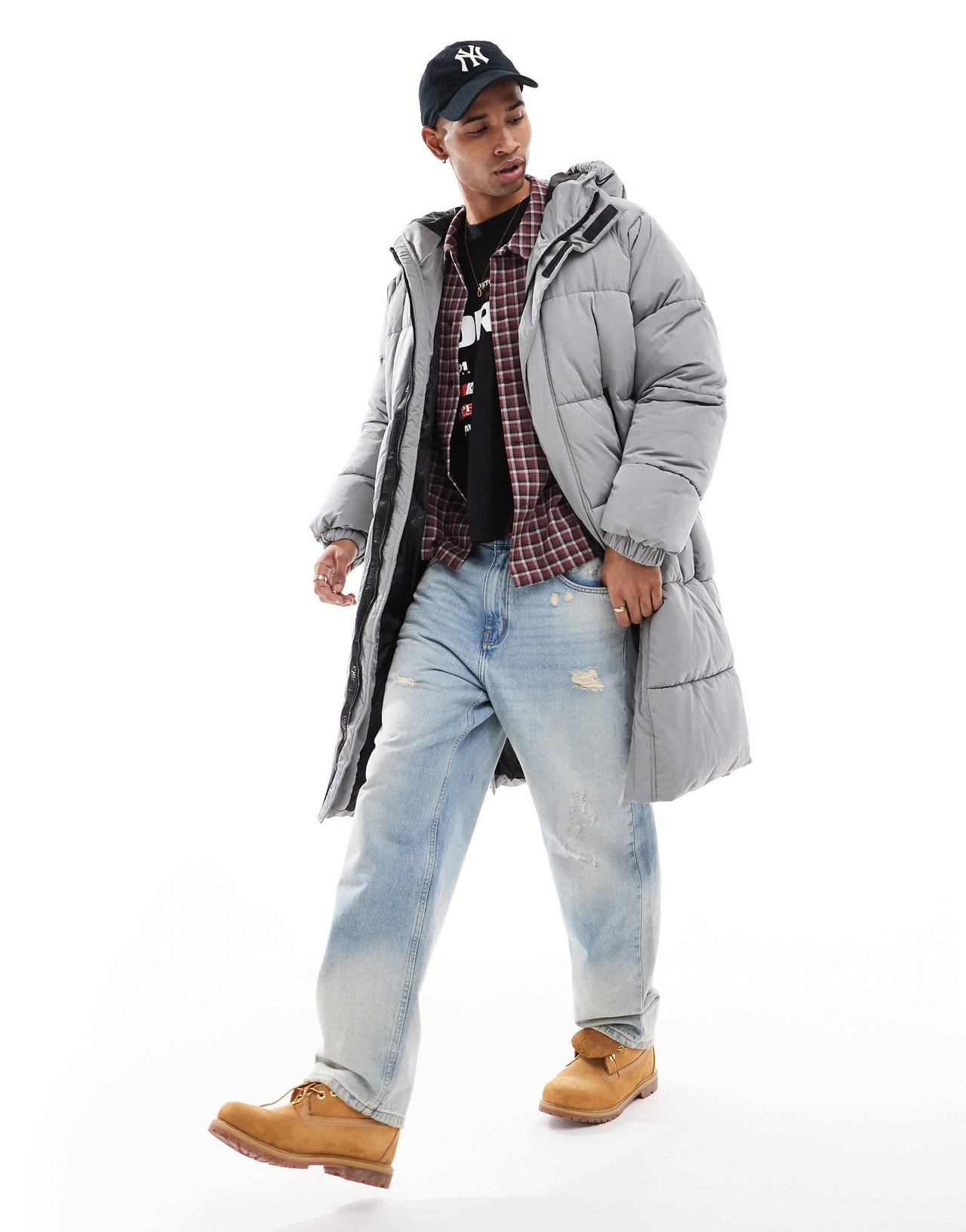 Bershka longline puffer coat in grey