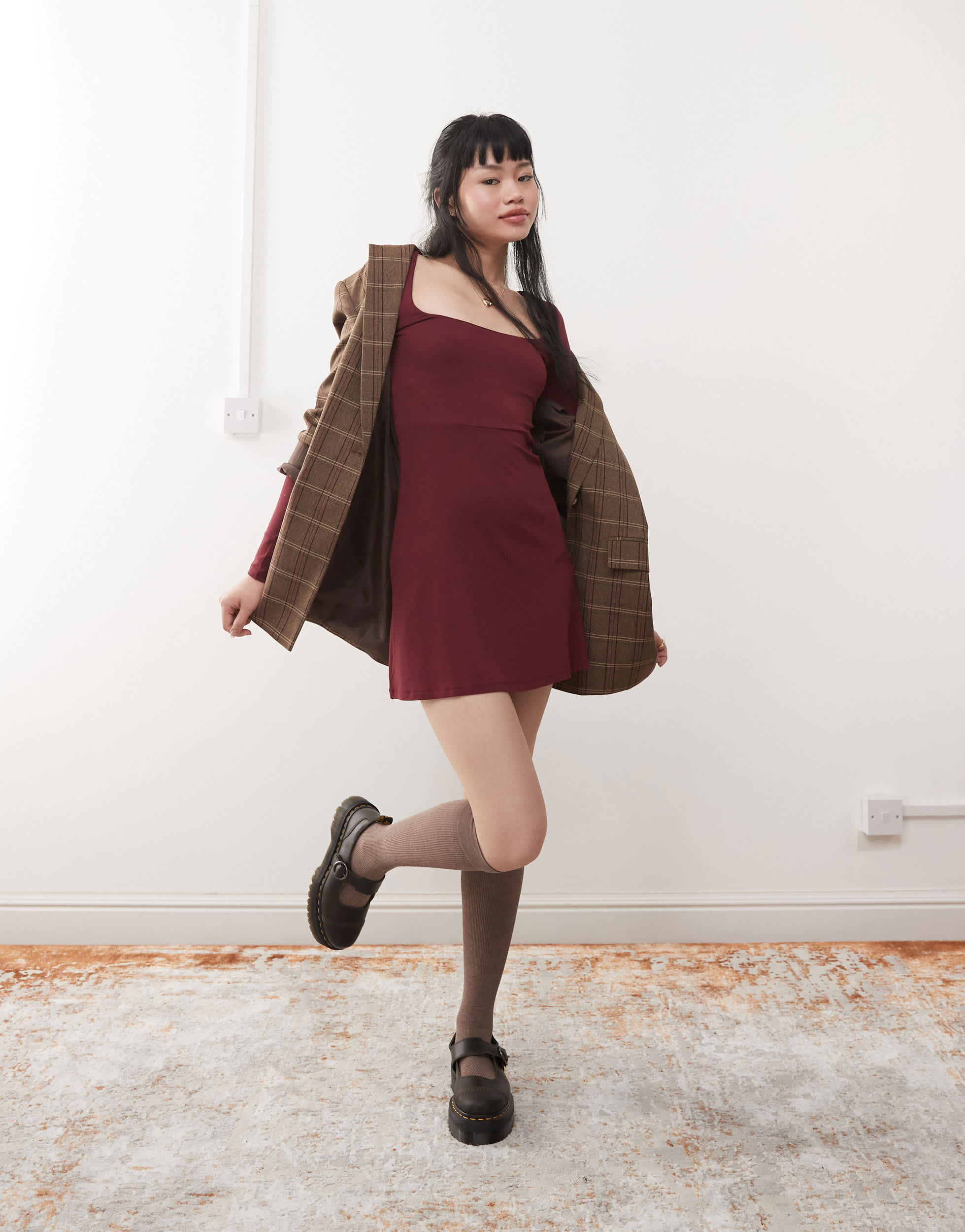 Miss Selfridge square neck fit and flare mini dress in burgundy