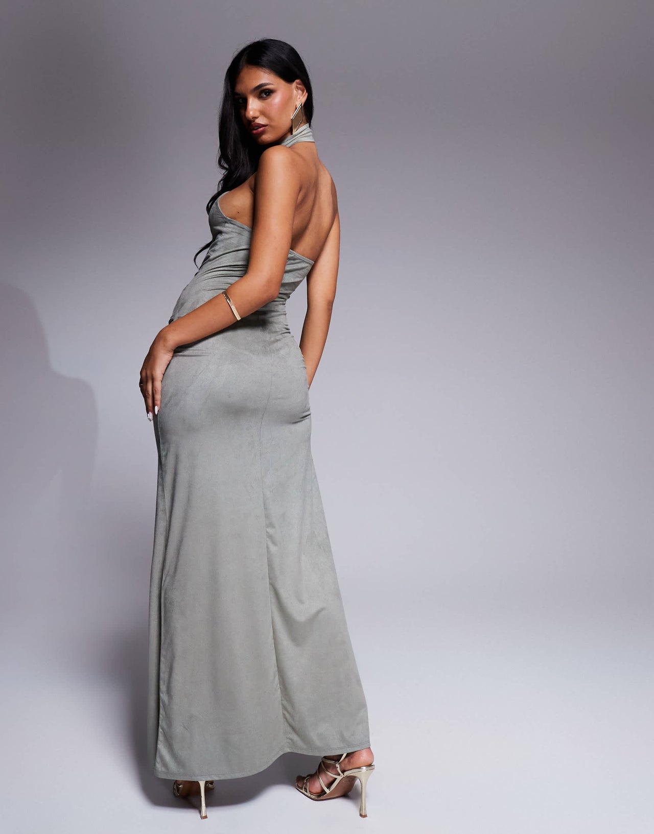 ASOS DESIGN faux suede knot detail halter maxi dress in grey