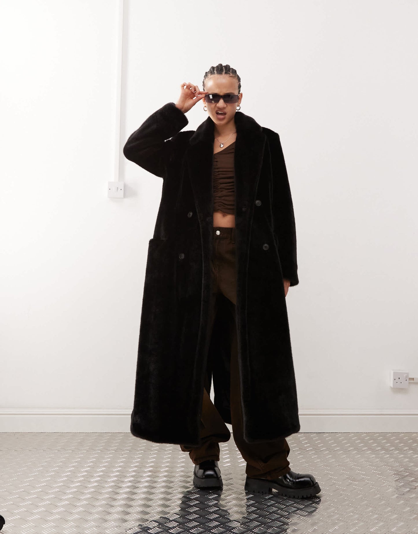Weekday Kyou oversized faux fur coat in dark brown