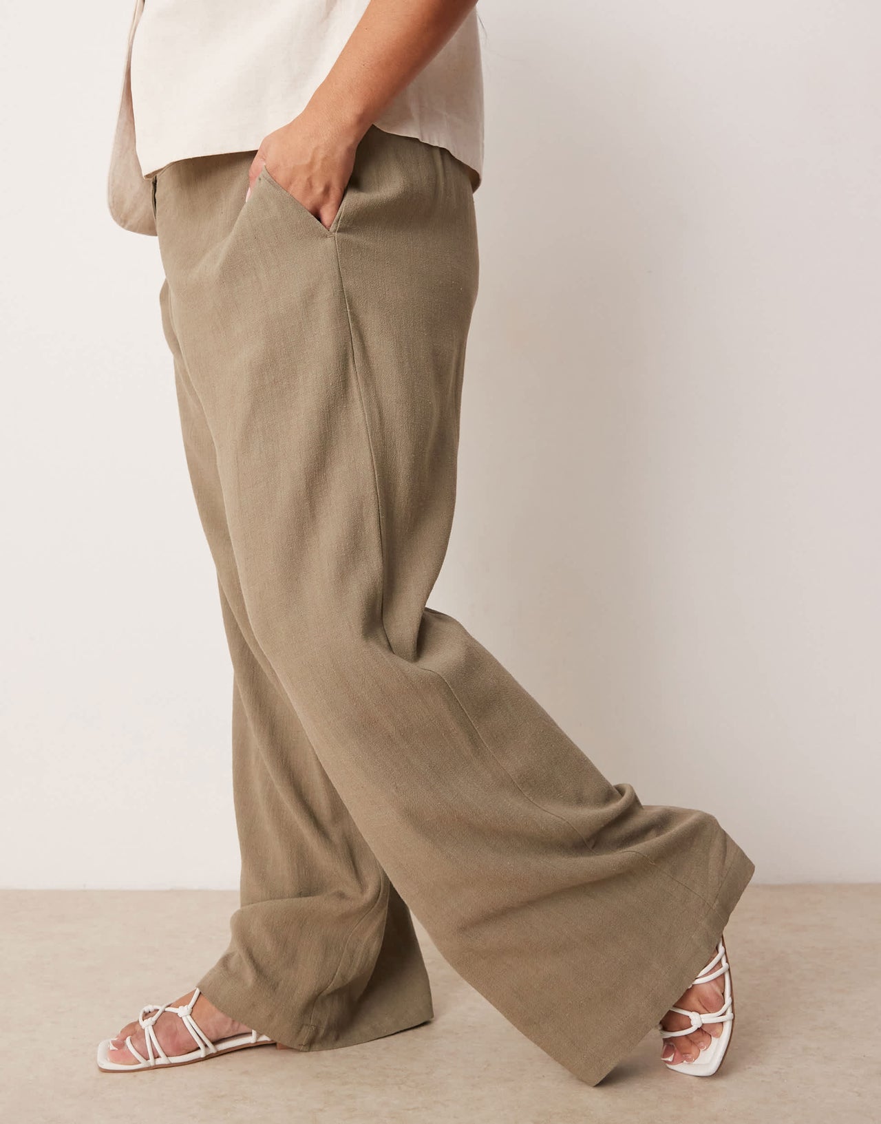 ASOS DESIGN Curve relaxed straight leg trousers with linen in khaki