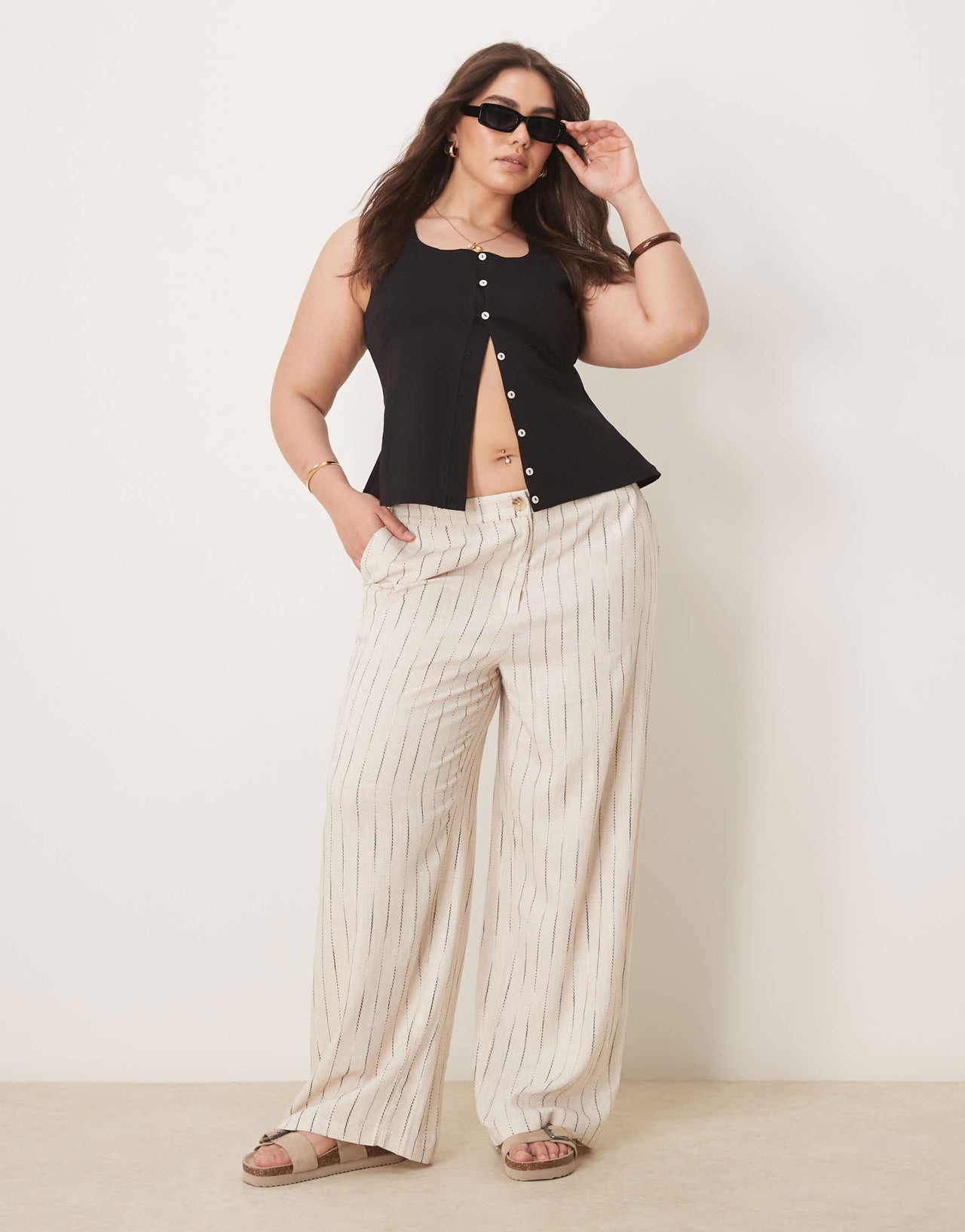 ASOS DESIGN Curve relaxed straight leg trousers with linen in natural squiggle stripe