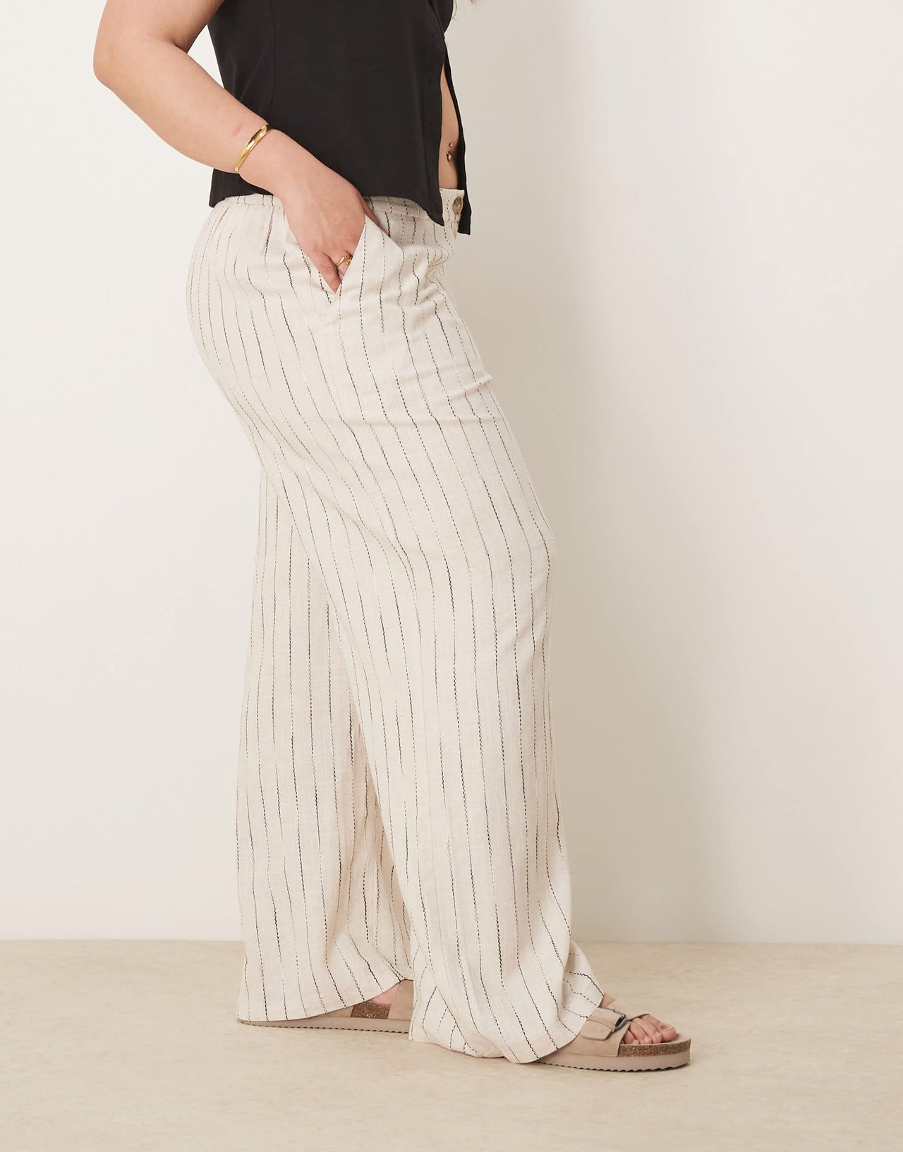 ASOS DESIGN Curve relaxed straight leg trousers with linen in natural squiggle stripe