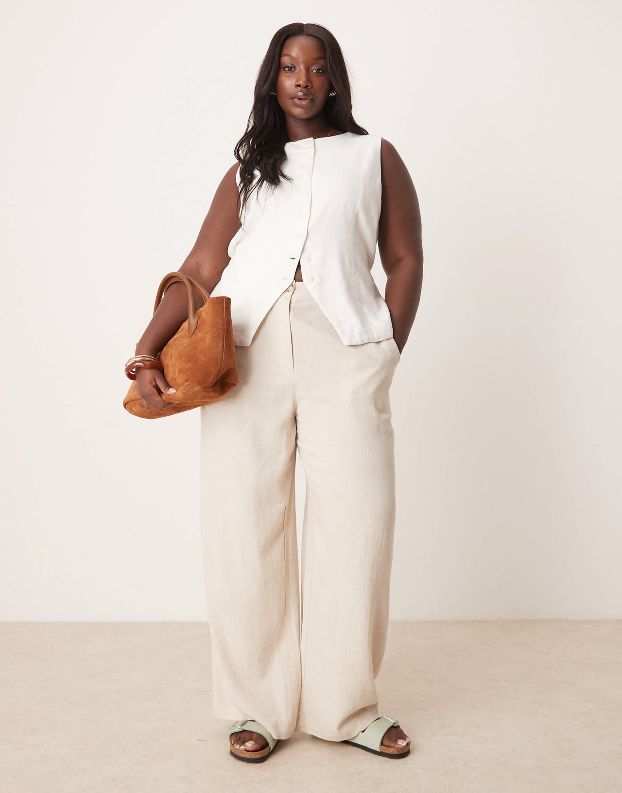 ASOS DESIGN Curve relaxed straight leg trousers with linen in stone